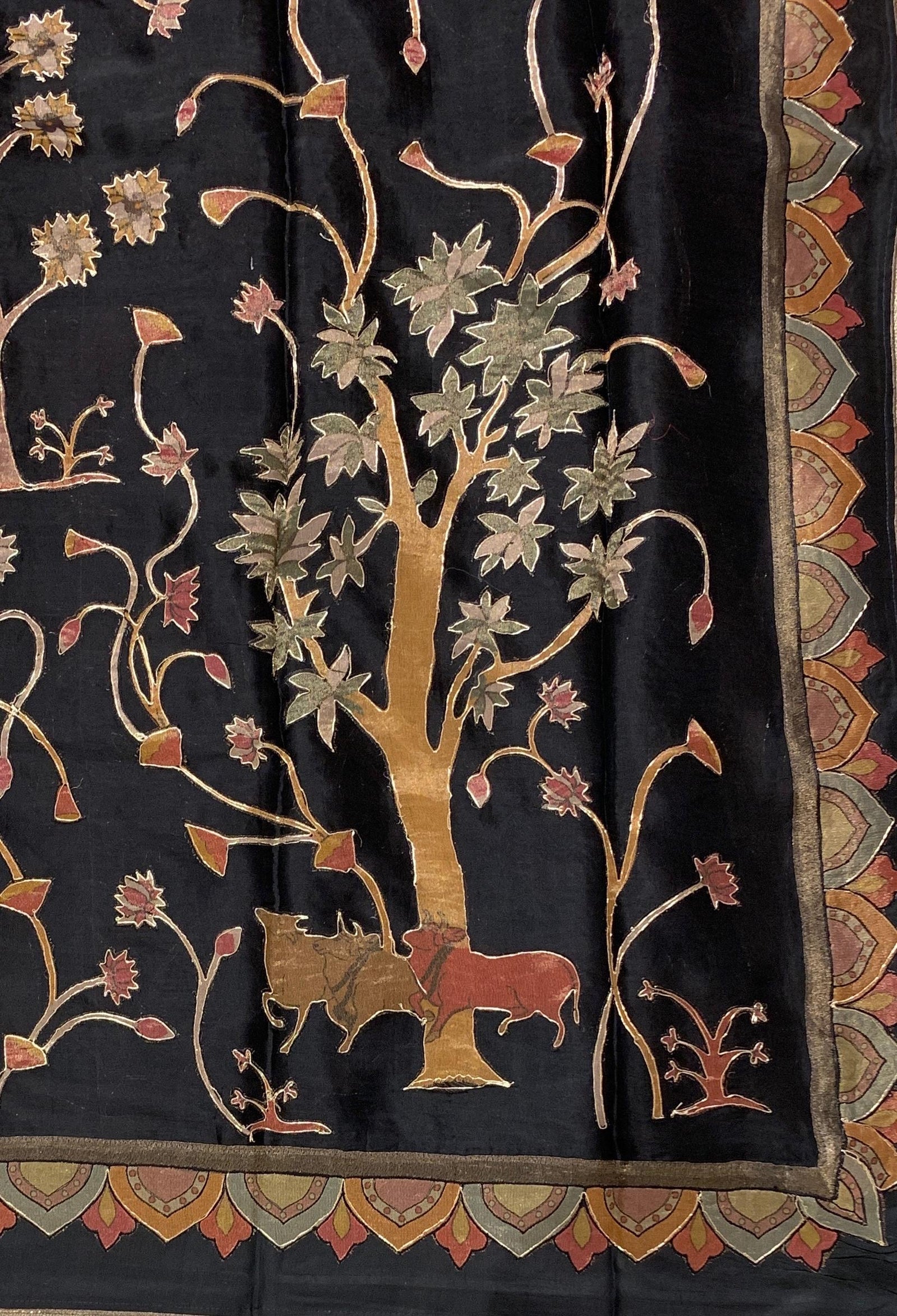 Black Designer Organza Saree with Stunning Tissue Applique work Saree with Village theme