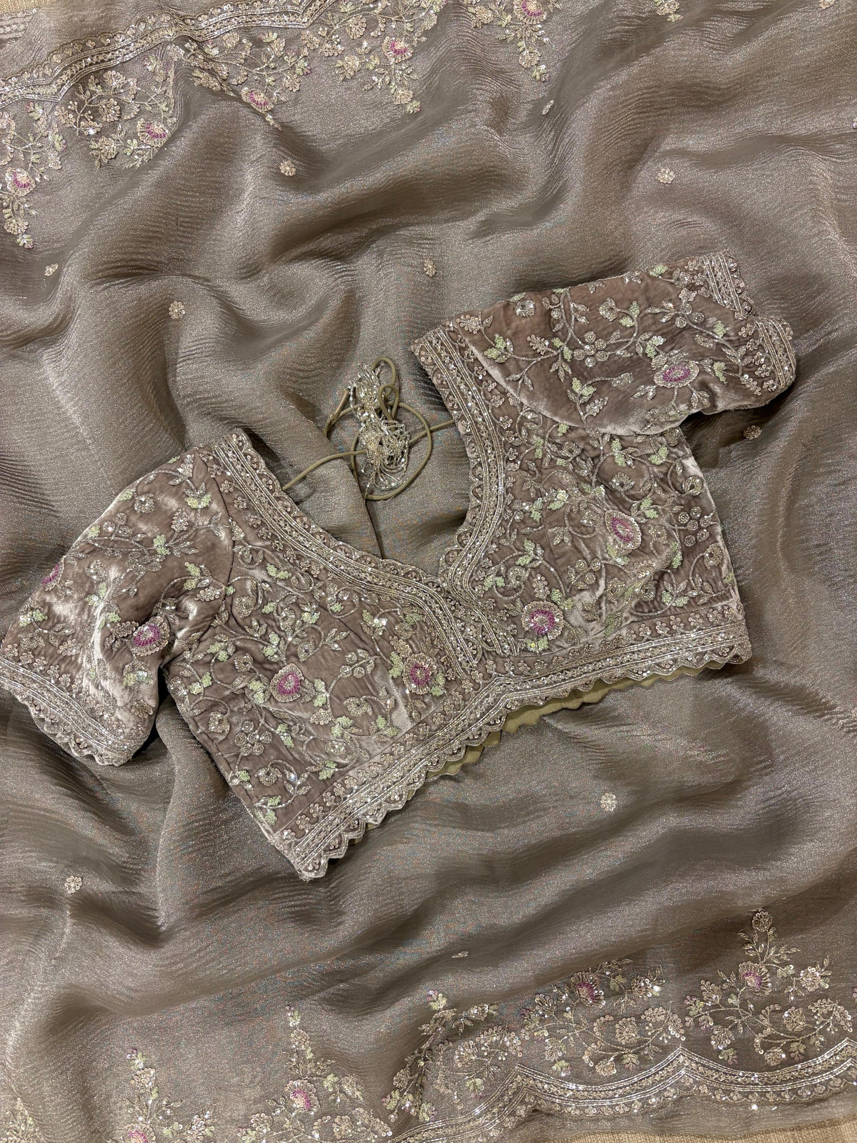 Greyish silver Crush Tissue handwork Saree