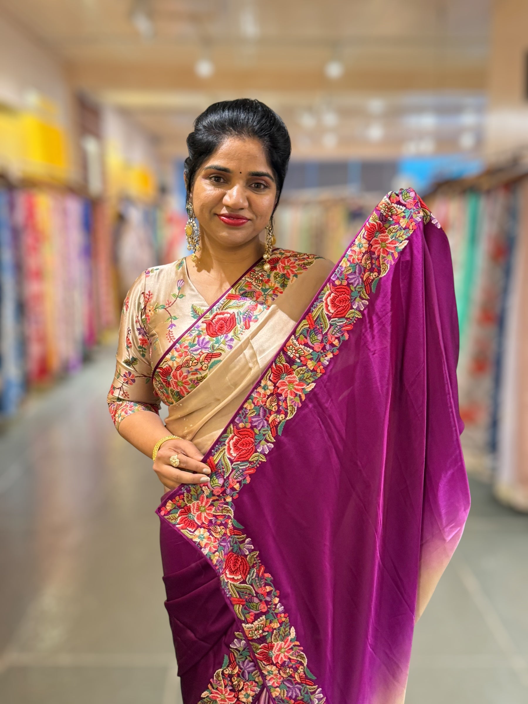 Pure Satin Ombre Dyed Saree with Petite Point Embroidered Border and blouse.