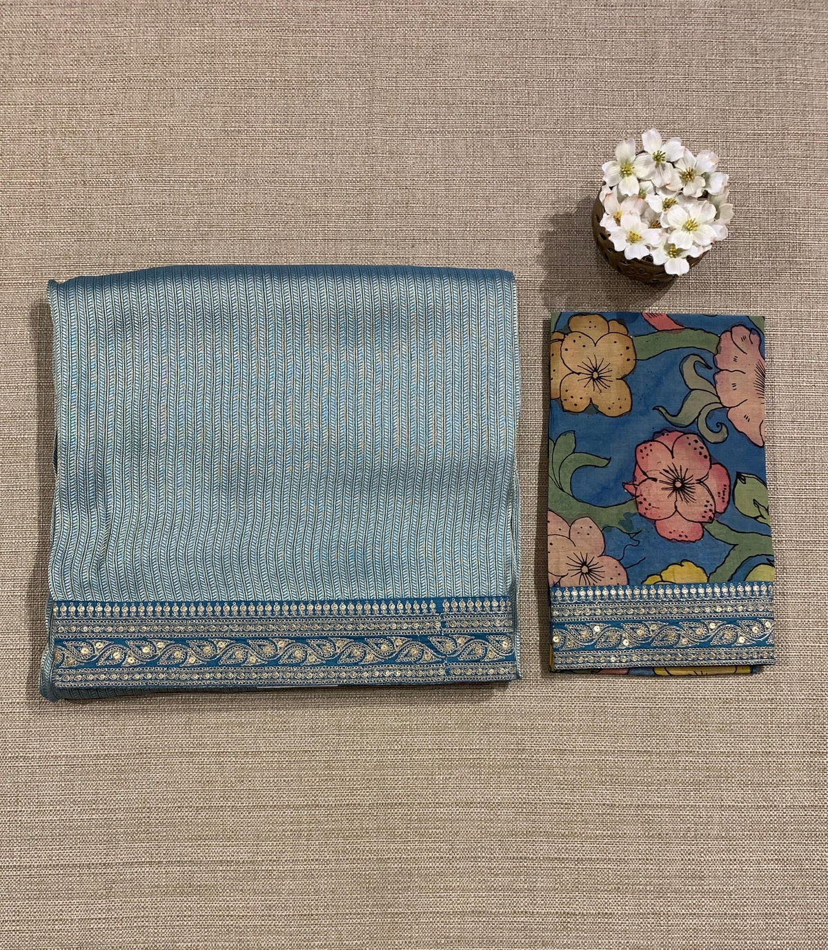 Dusty Blue Banarasi brocade with sabyasachi borders and pen kalamkari Blouses
