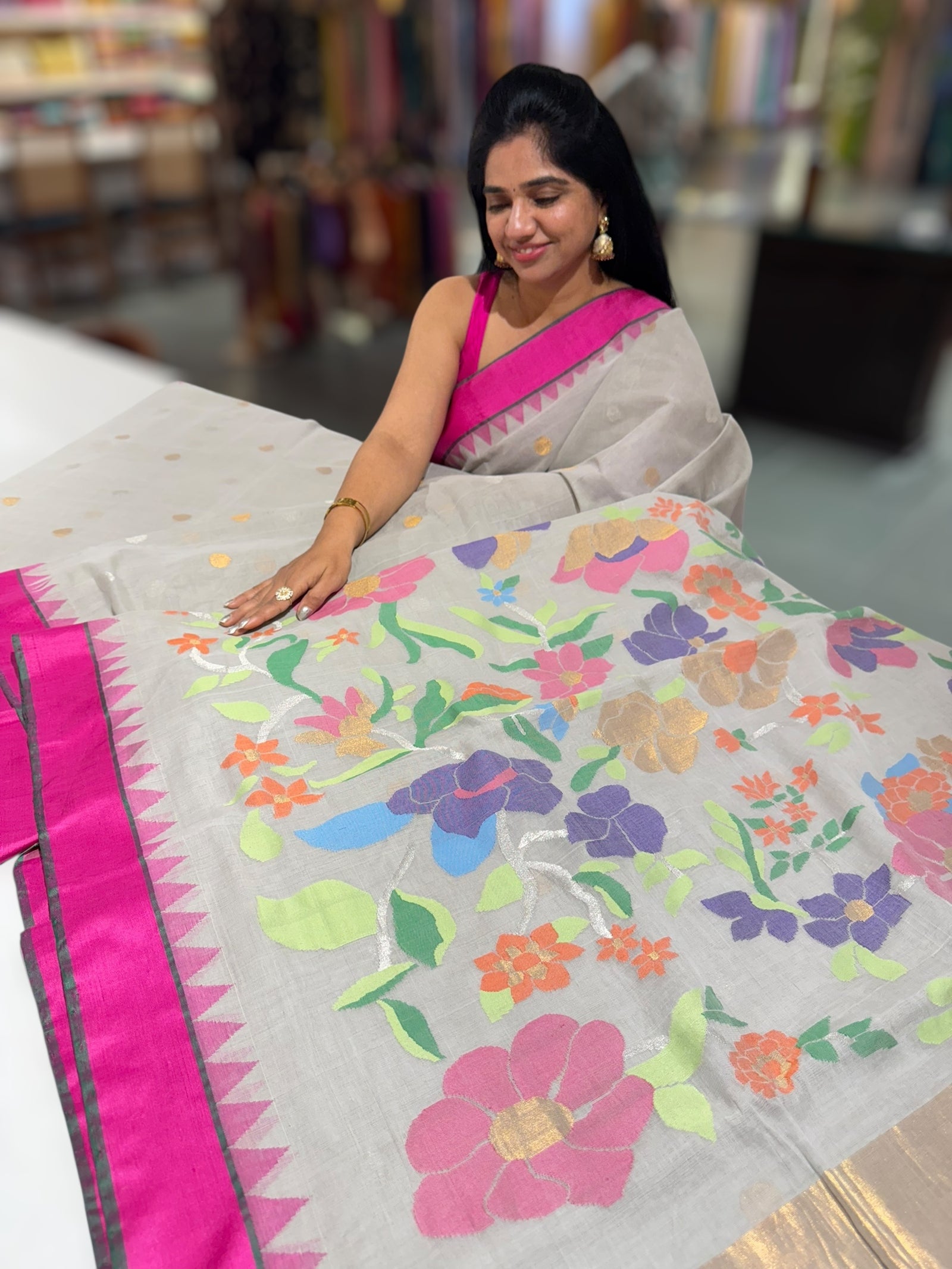 Lightest Grey pure handloom Ponduru Khadi jamdani Saree