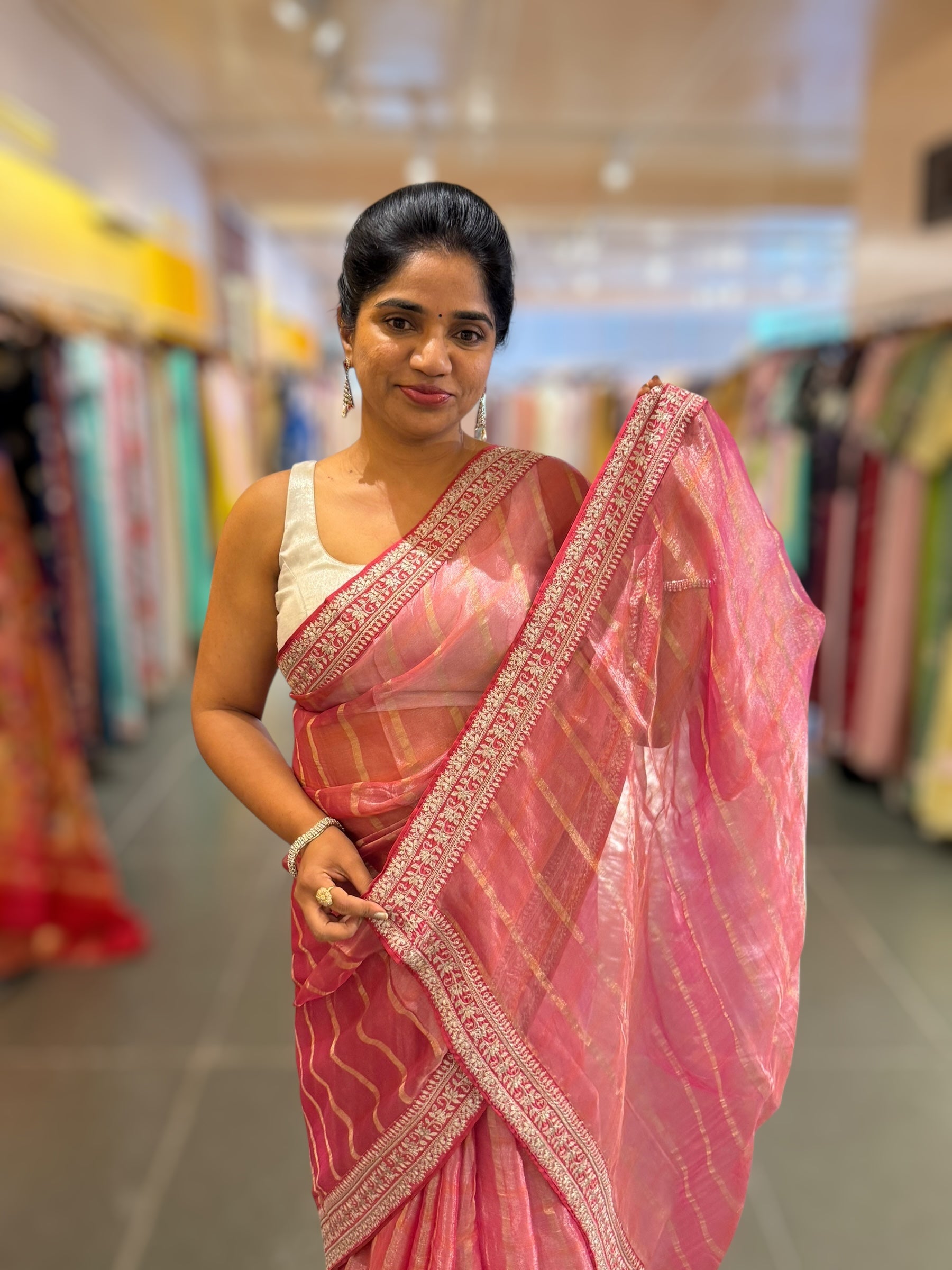 Coral Pink Pure Handloom Tissue checks Saree with sabyasachi borders