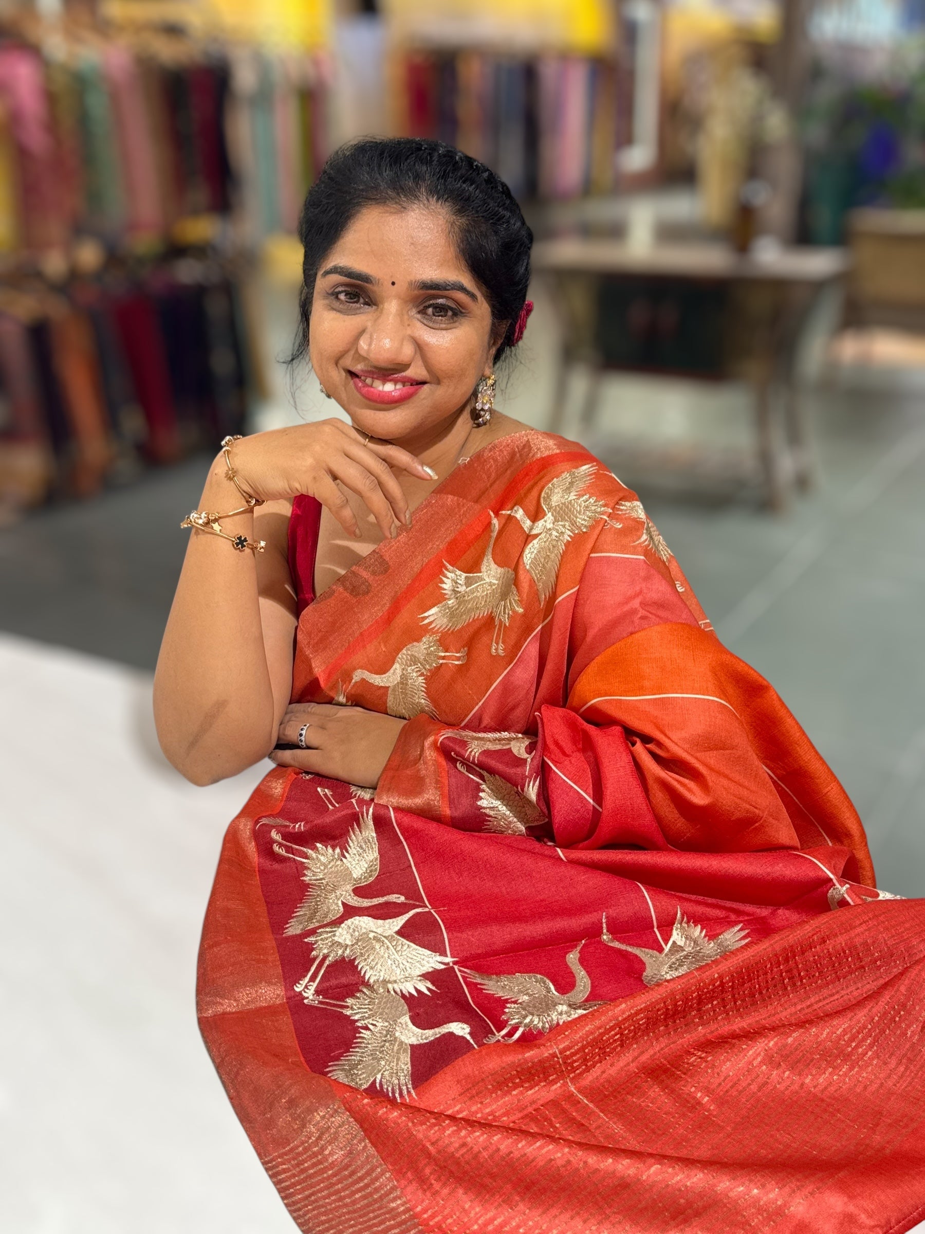 Tussar Rangkaat Saree With Crane Bird  Embroidered Border