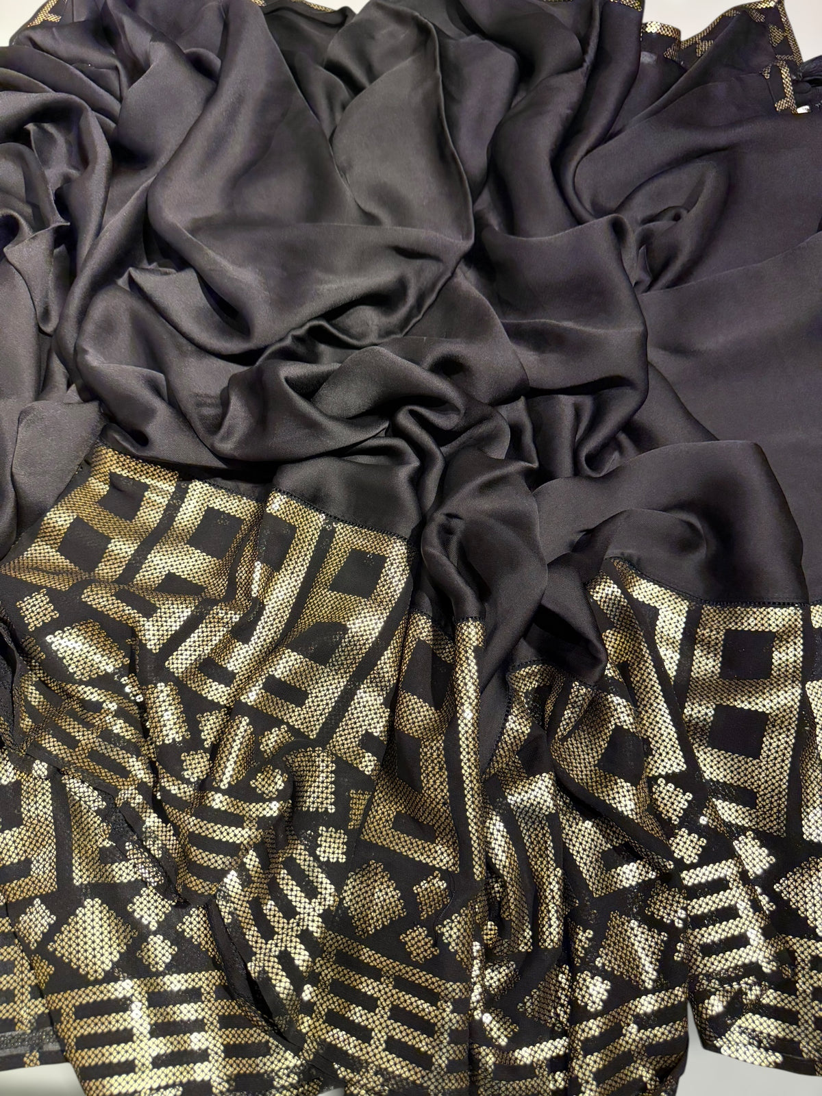 Black pure Satin Saree with designer sequence border and blouse