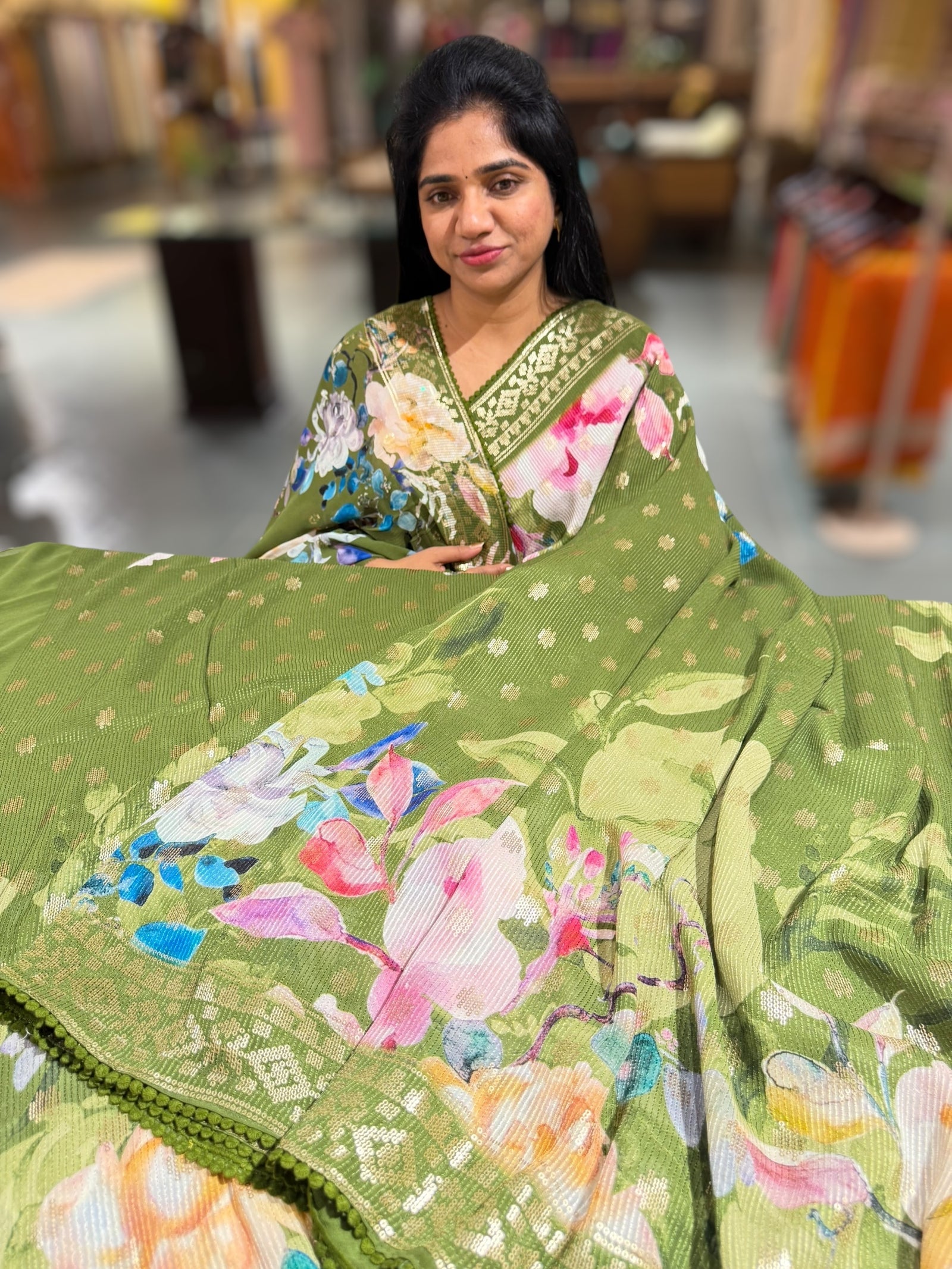 Mehendi Green georgette sequence saree with statement floral print