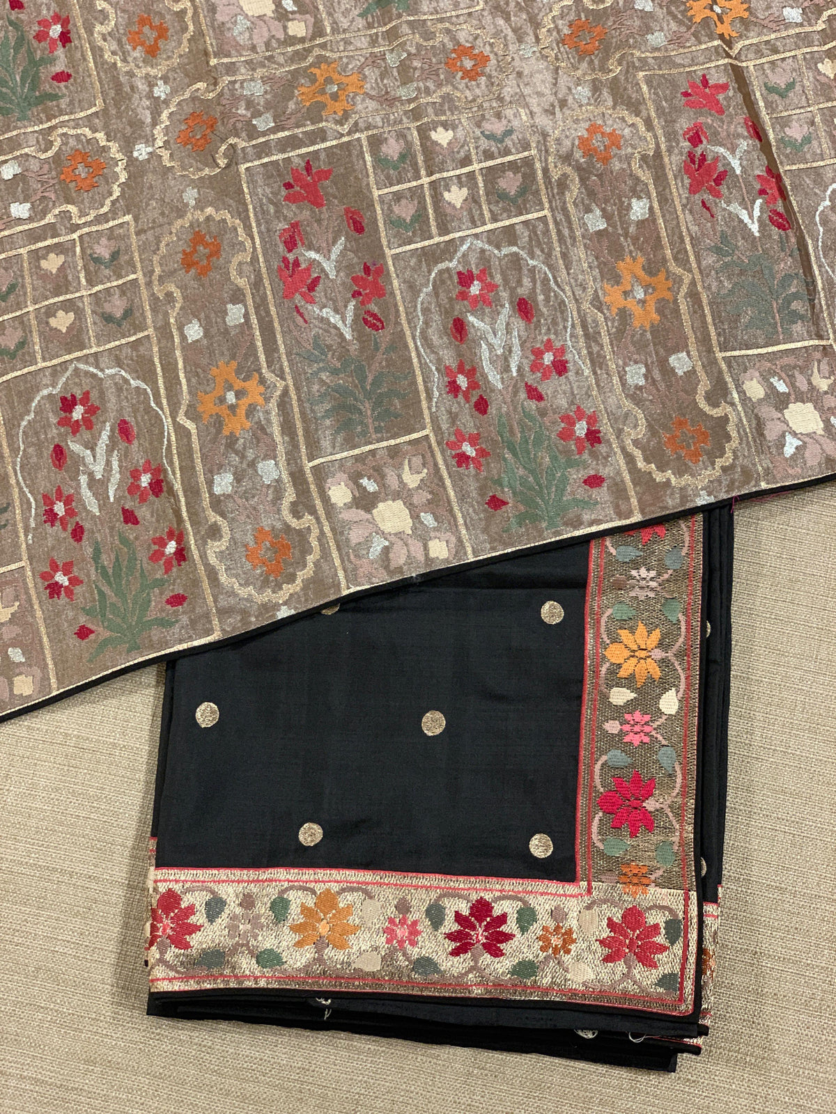 Black Kanchi soft silk saree with pythani and jamdani inspired embroidery