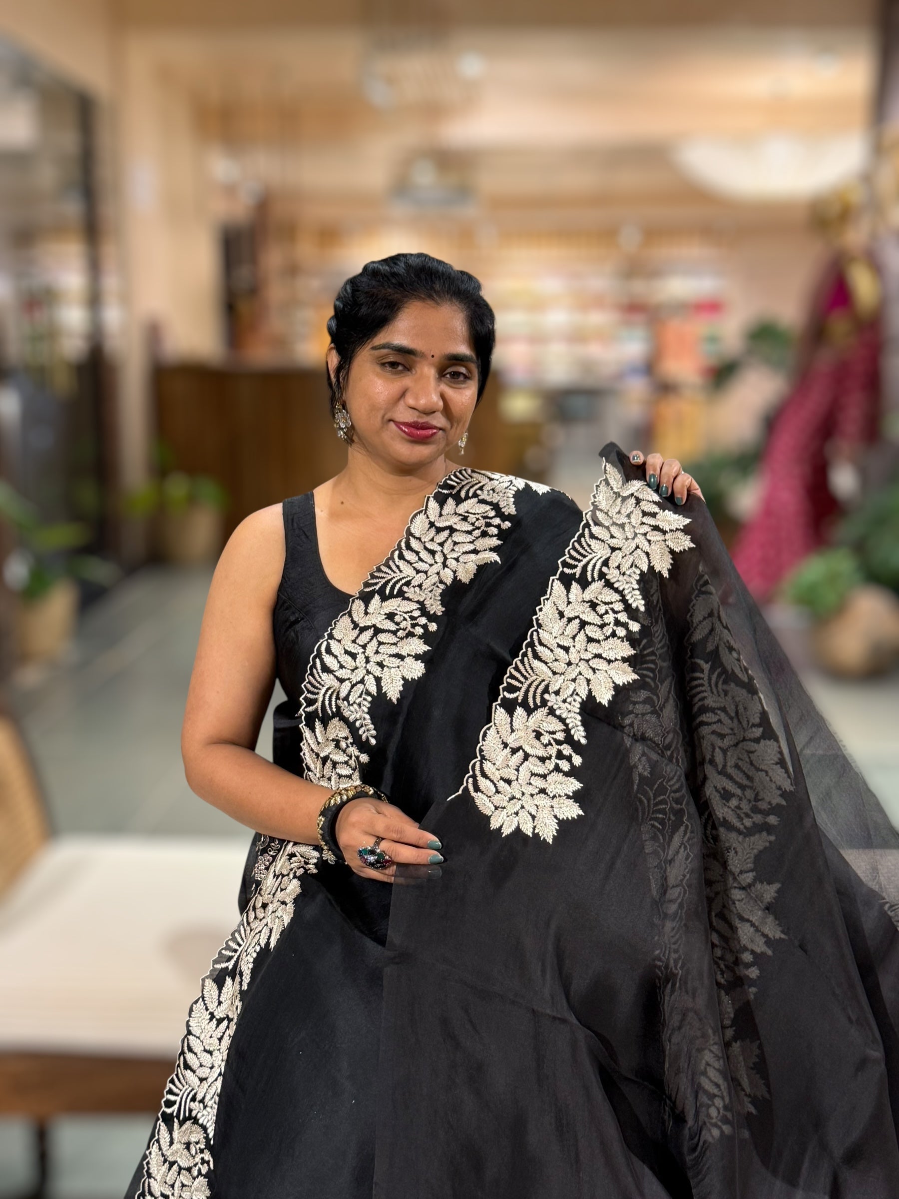 Black Organza Saree With Resham Embroidery Border