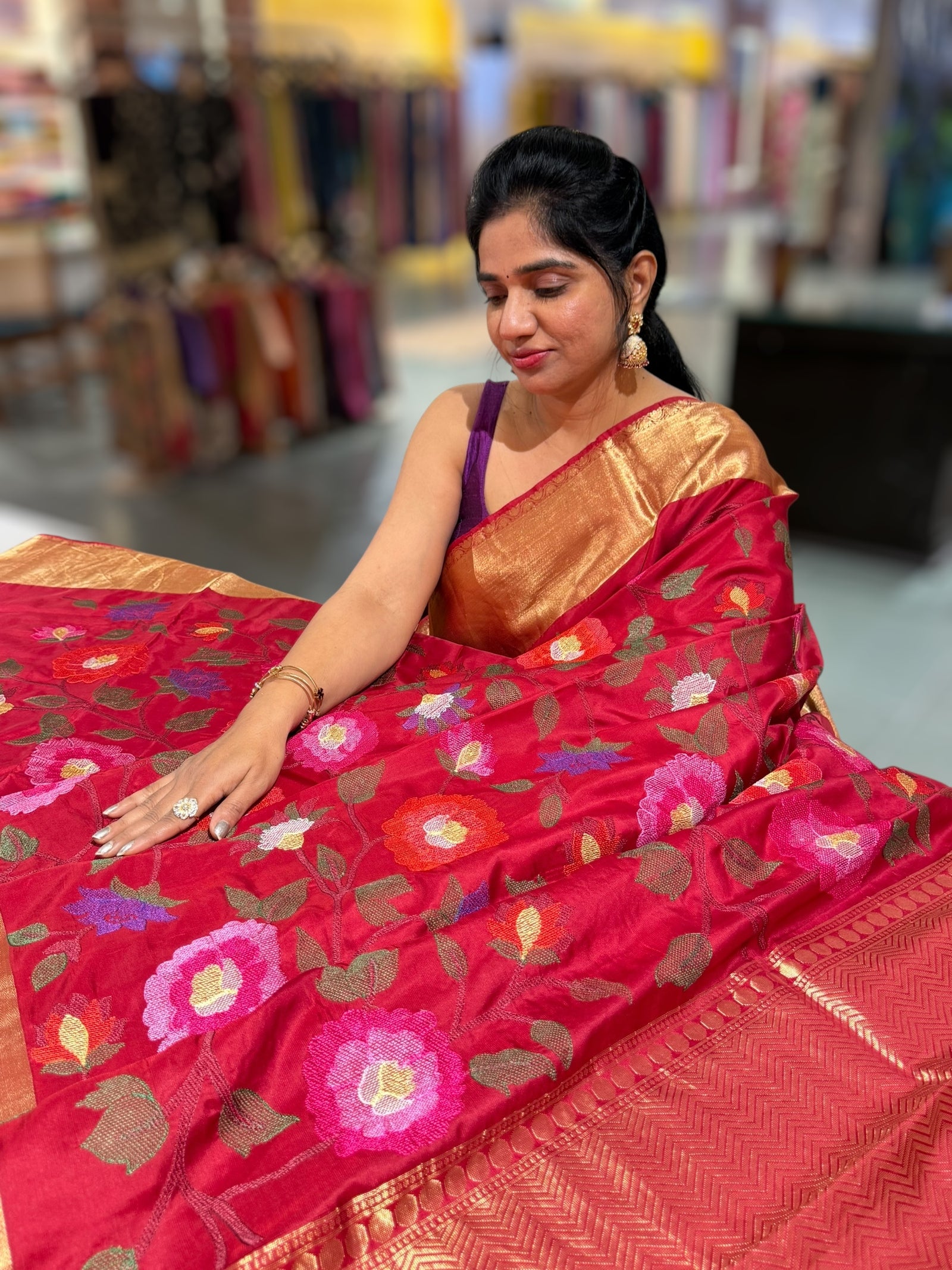 Maroonish Red Kanchi Soft Silk Saree with allover jamdani inspired embroidery