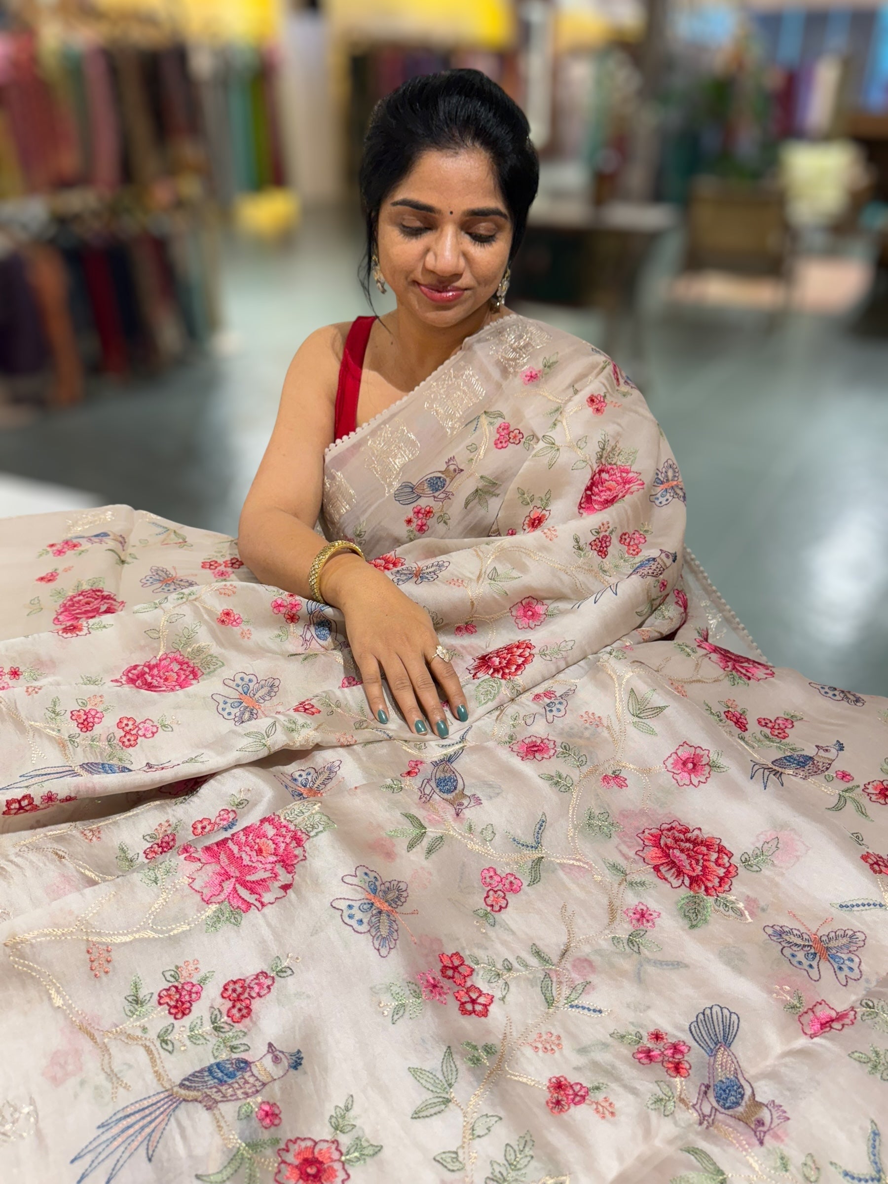 Taupe Organza Saree with Allover floral Embroidery