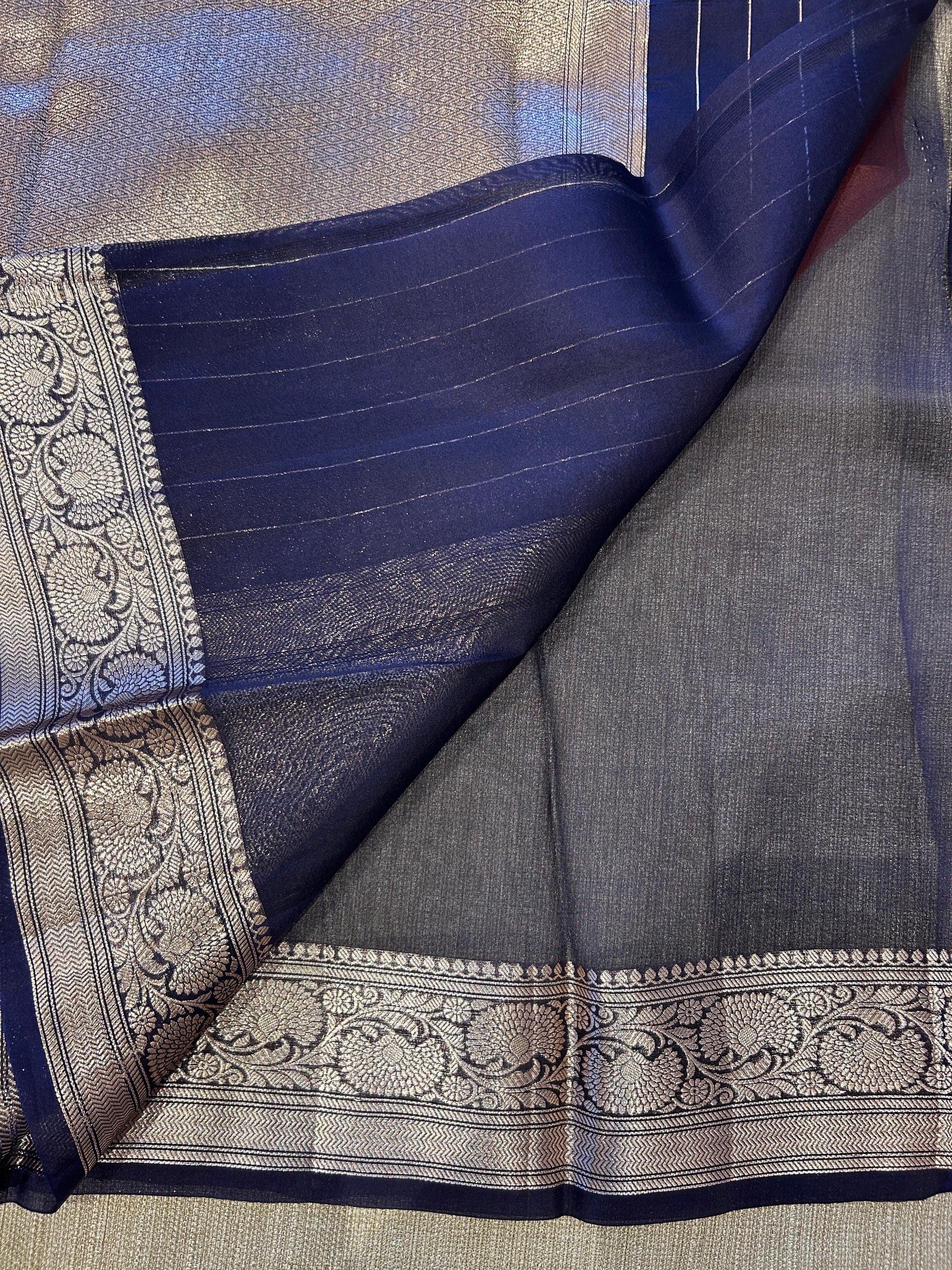 Rust with navy Combo Pure Handloom premium Kora Banarasi Saree
