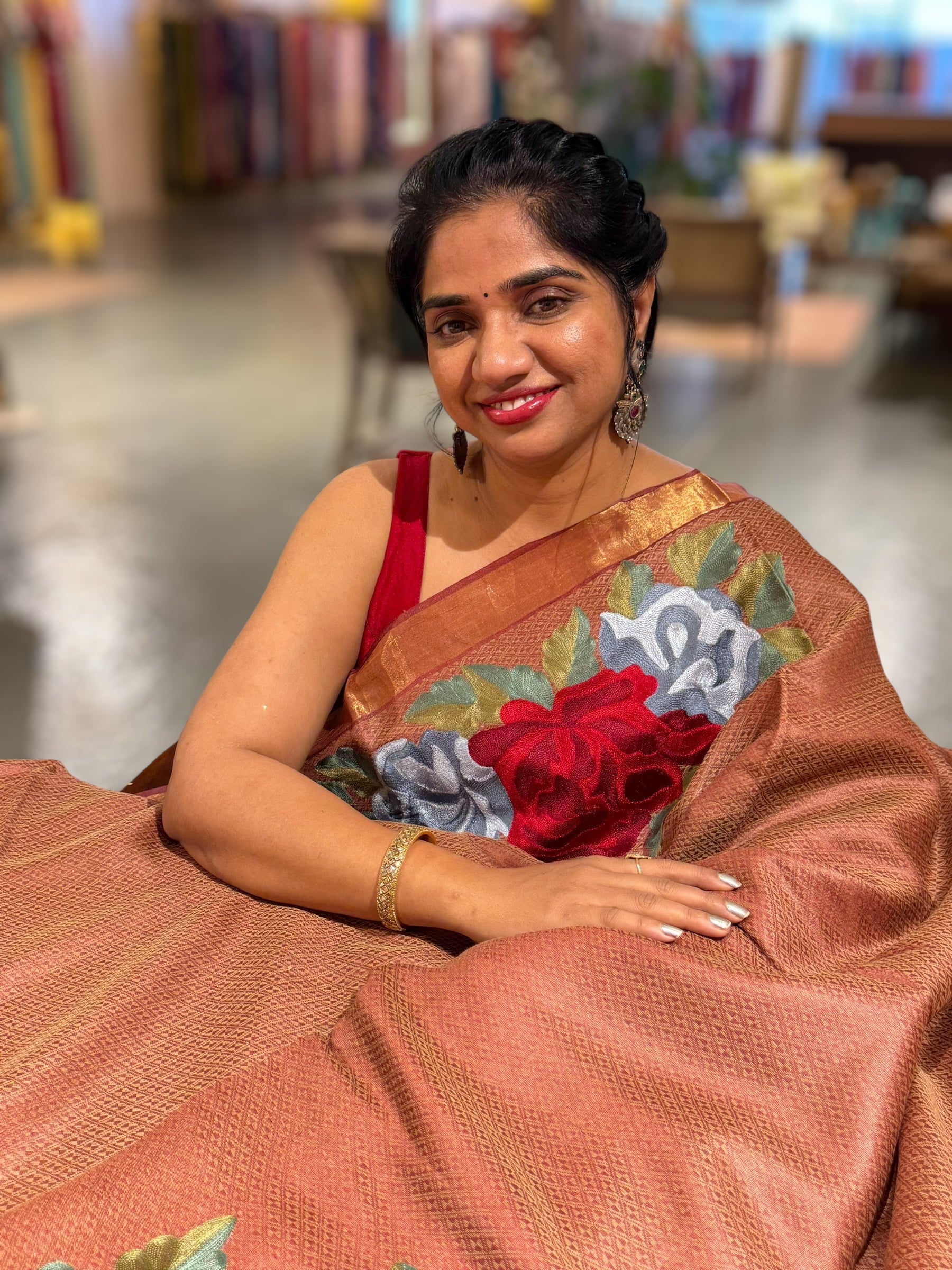 Rust Tussar Brocade Saree With Statement Red Rose Embroidery.