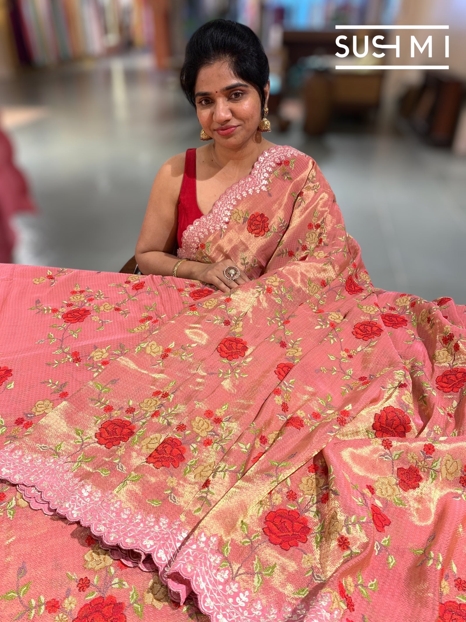 Peach Pink Designer Banarasi Brocade Tissue Saree S62113