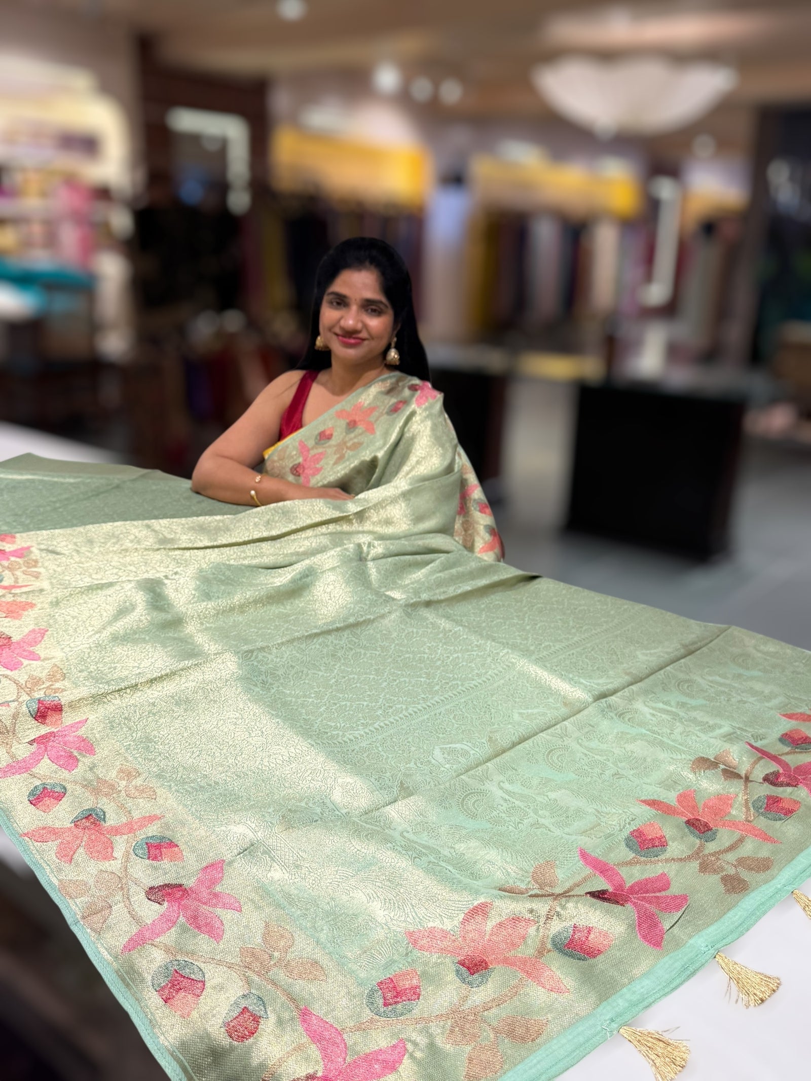 Mint Banarasi Brocade tissue saree with tonchui style weaving & pythani inspired embroidered border