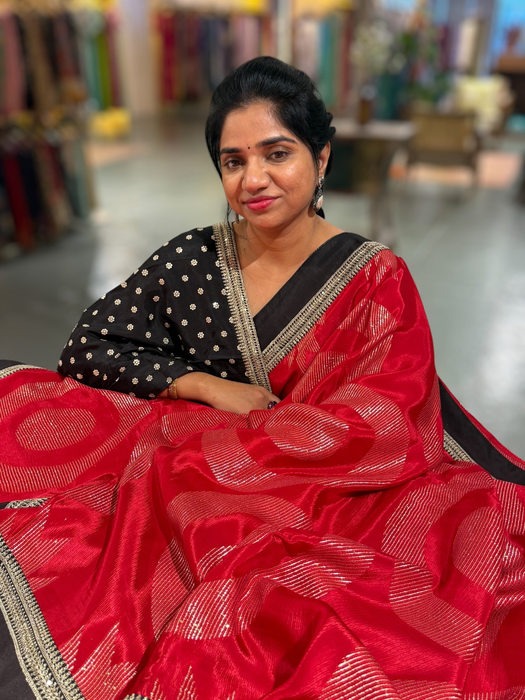 Red Crepe Silk Polka dot Saree with sabhyasachi Borders & Blouse
