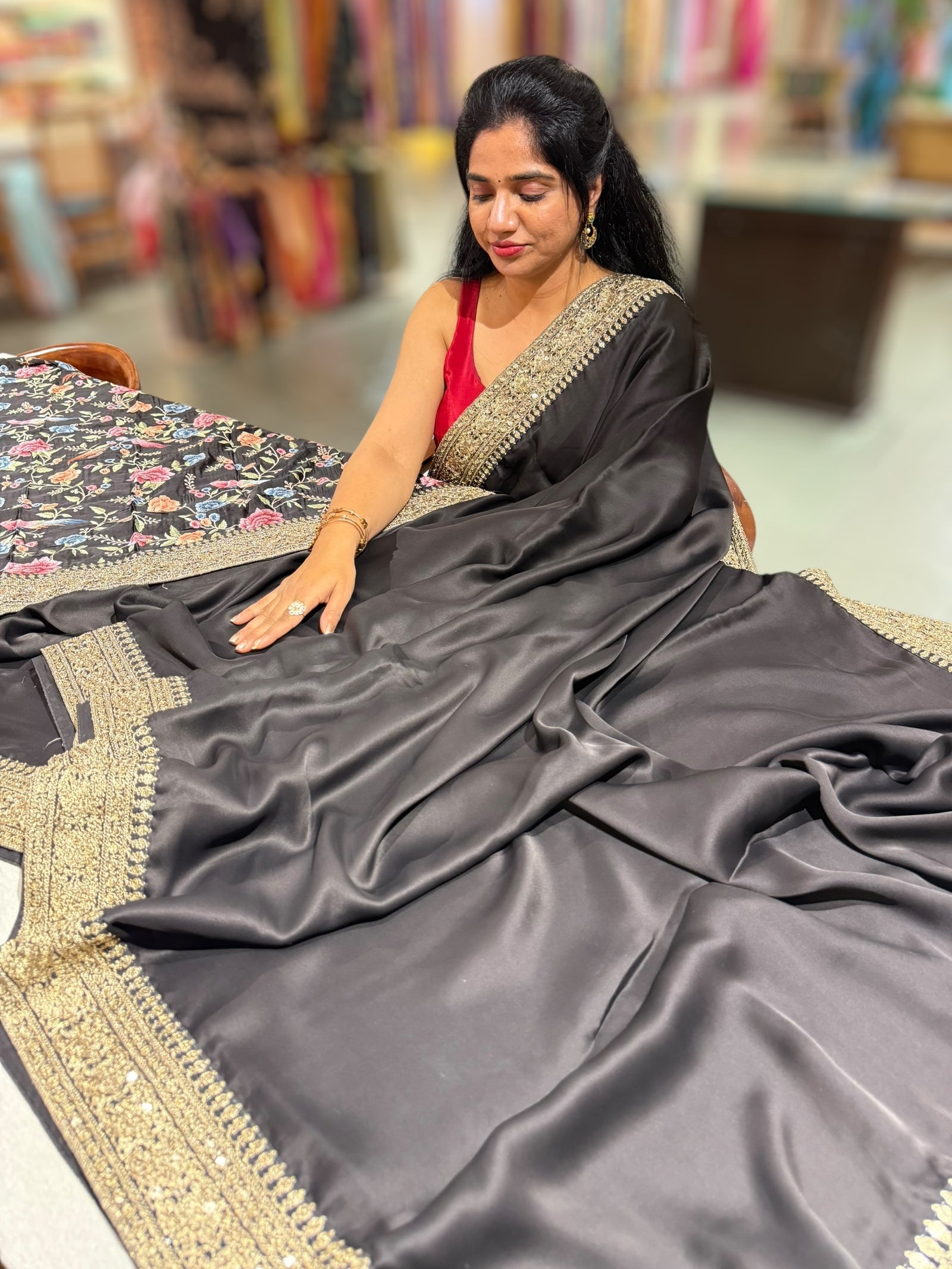 Black Pure Satin Saree with Sabhyasachi Borders
