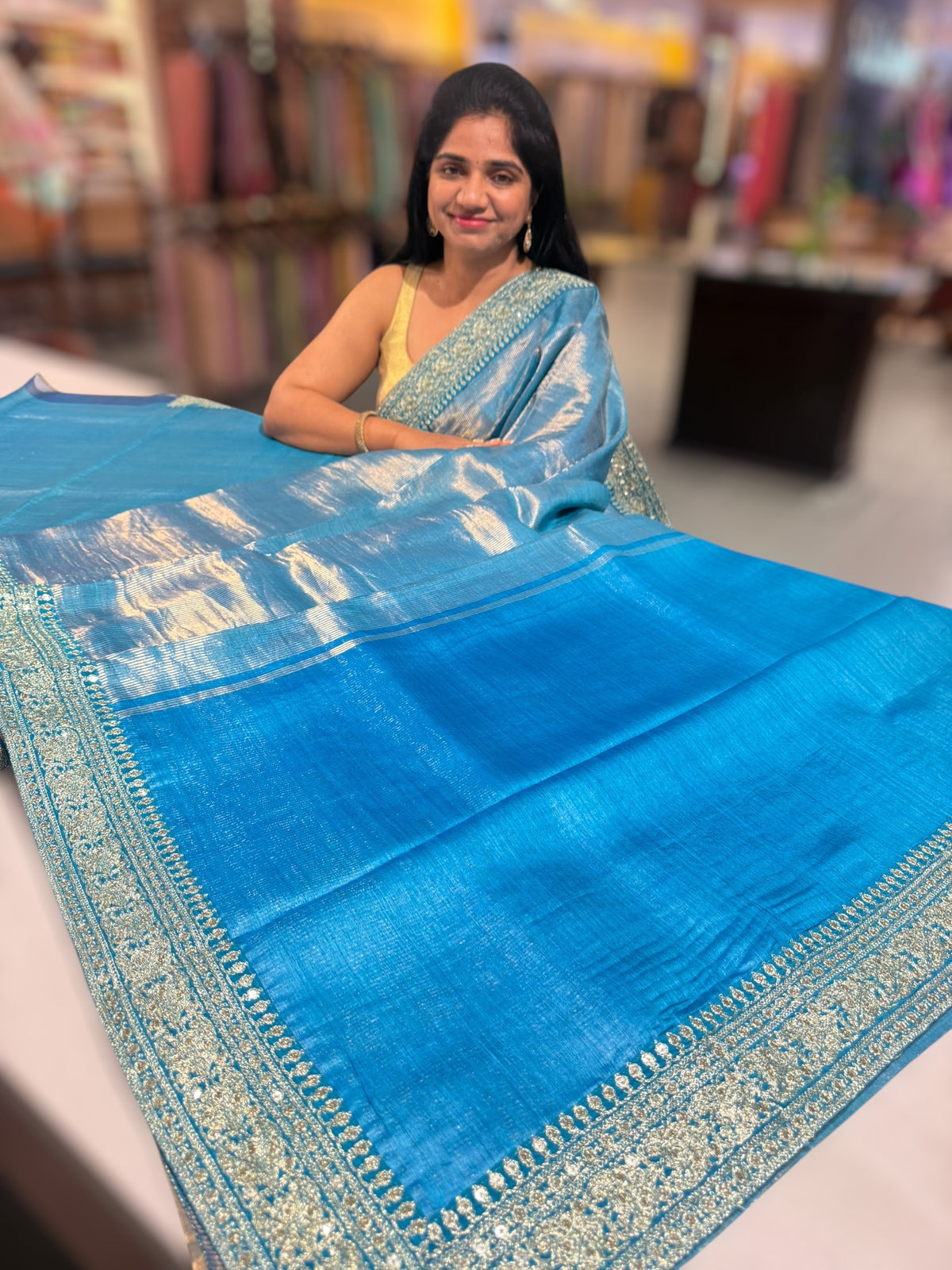 Copper sulphate kora Muslin Tissue fusion saree