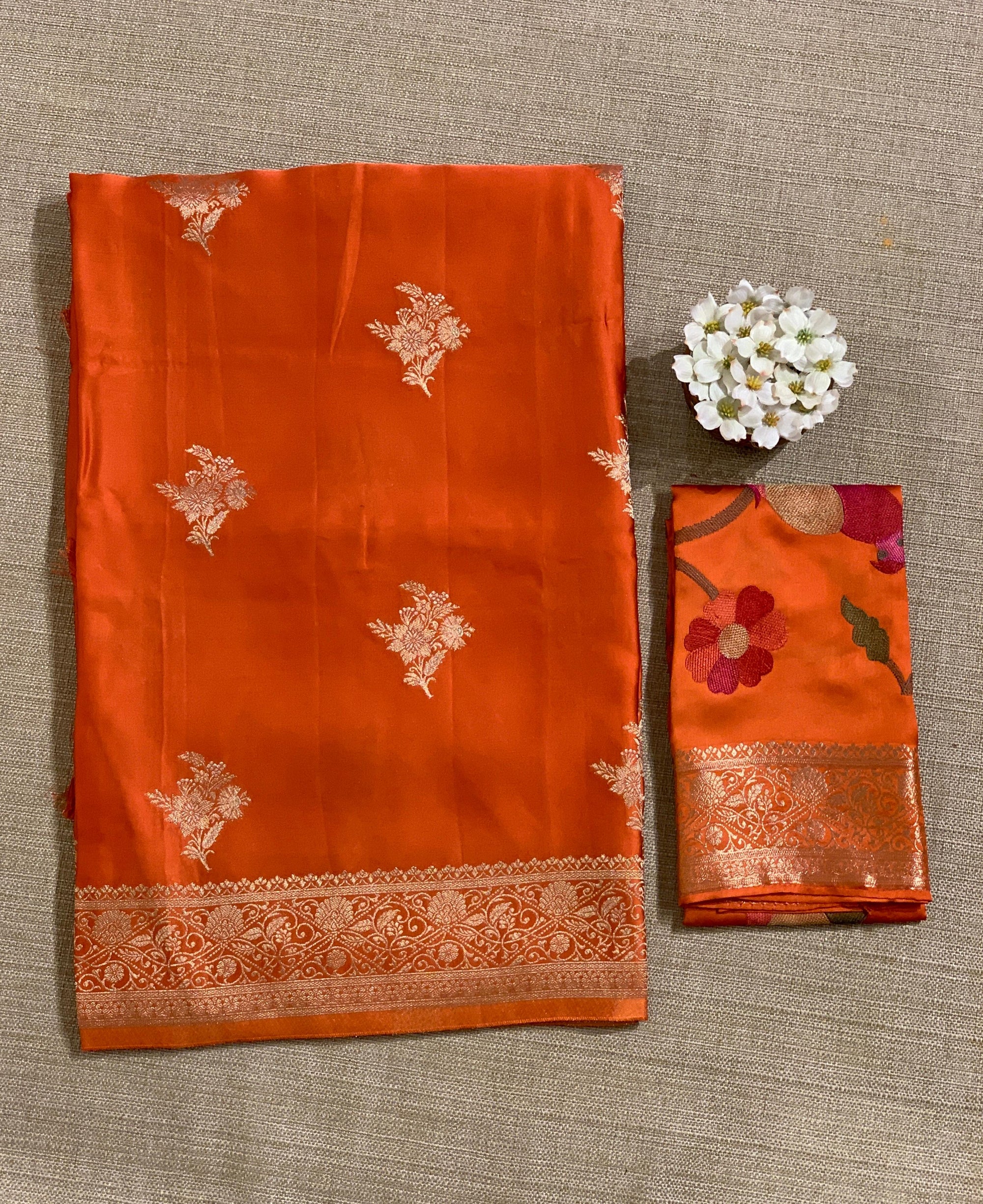 Orange Mashru Silk Saree with Paithani inspired embroidered blouse