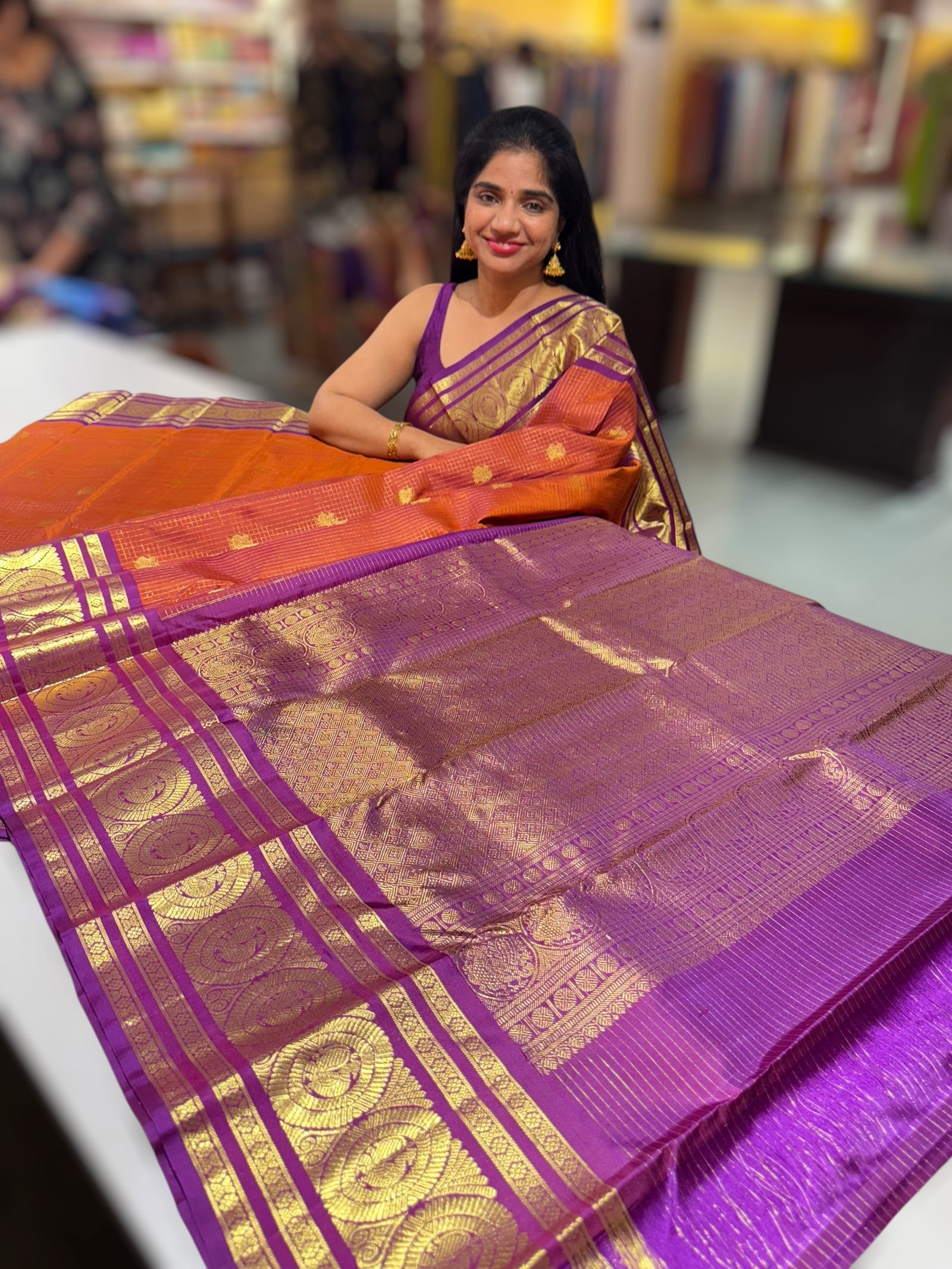 Rust Orange & Purple Combo Vintage Checks Kanjeevaram Saree