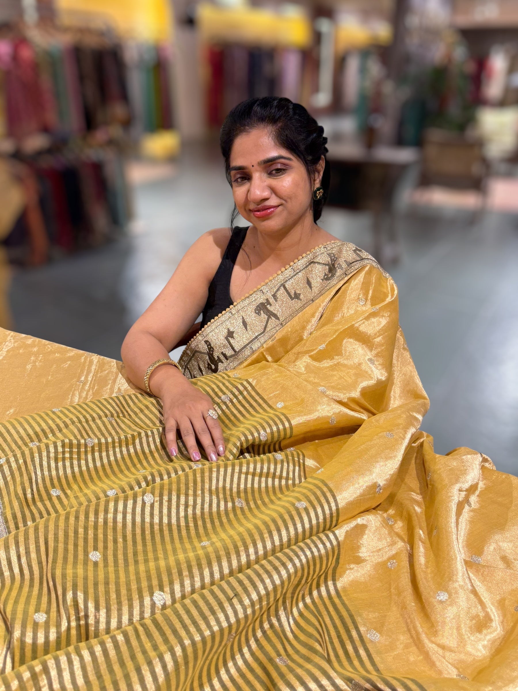 Golden Yellow kanchi Tissue saree with paithani inspired embroidery