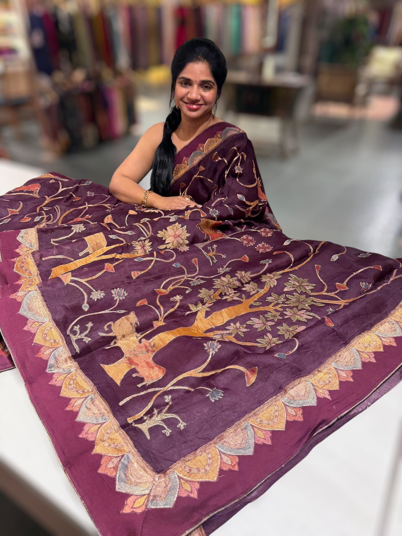 Wine Designer Organza Saree with Stunning Tissue Applique work Saree with Village theme