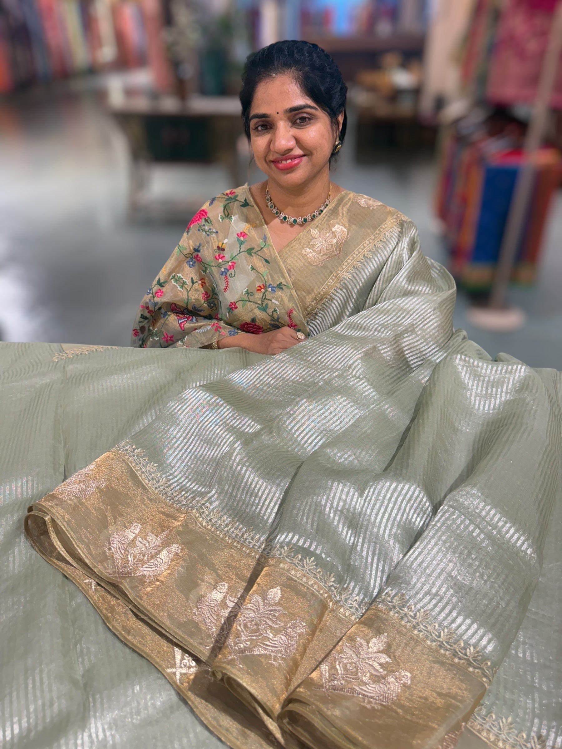 Mint Kora tissue silver stripes Saree with double parrot  embroidered tissue border