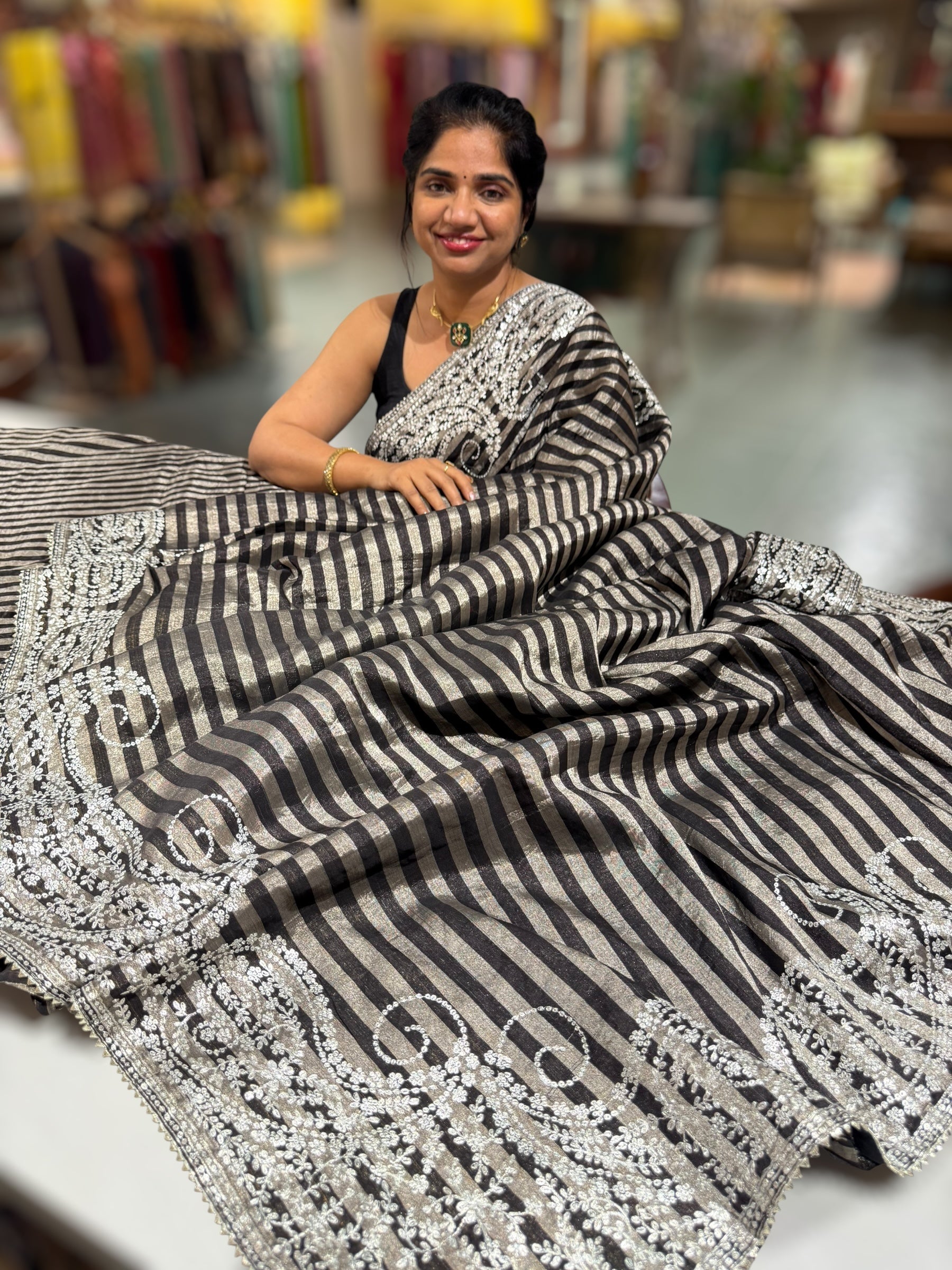 Black & Silver Combo Chanderi tissue Saree with heavy Pita embroidered Border