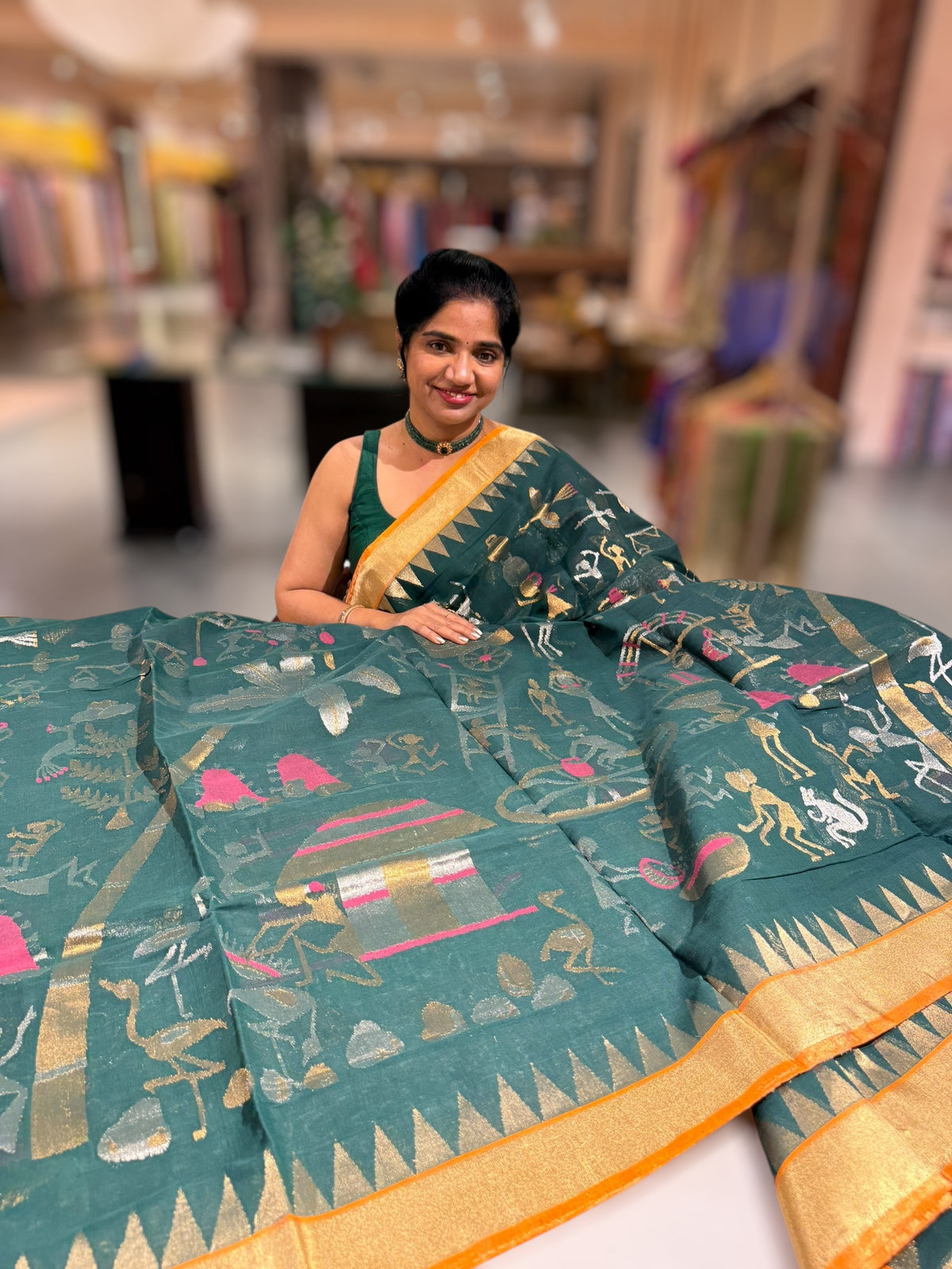 Forest Green Ponduru Khadi Jamdani Allover Weaving Saree with village Theme