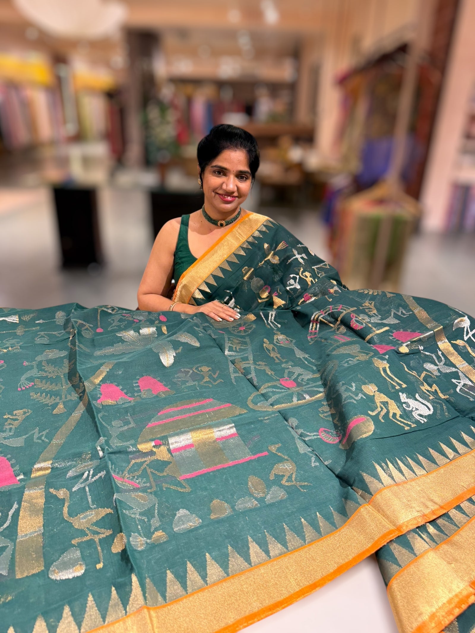 Forest Green Ponduru Khadi Jamdani Allover Weaving Saree with village Theme