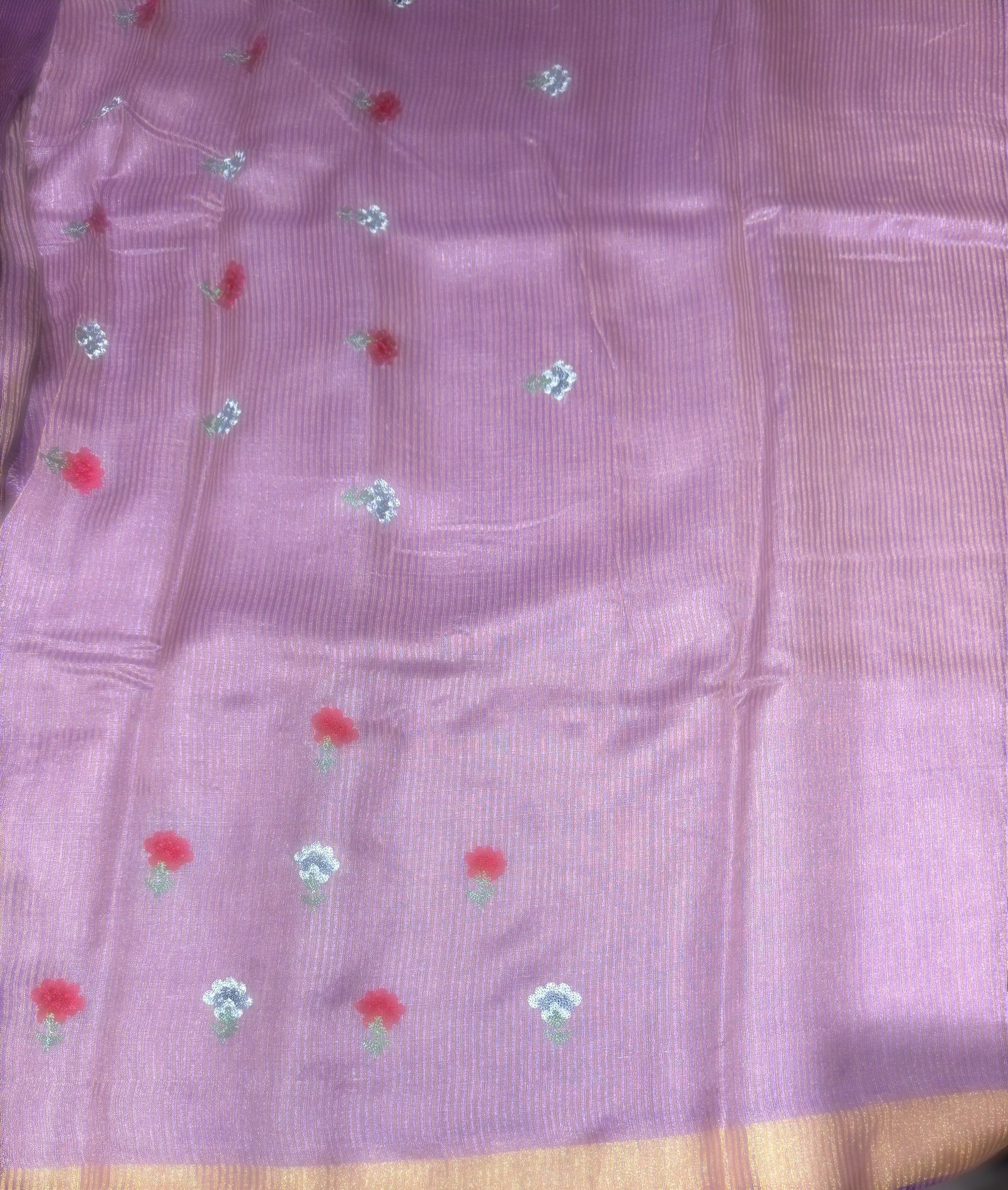Brinjal Tussar Brocade Saree With Statement Red Rose Embroidery.