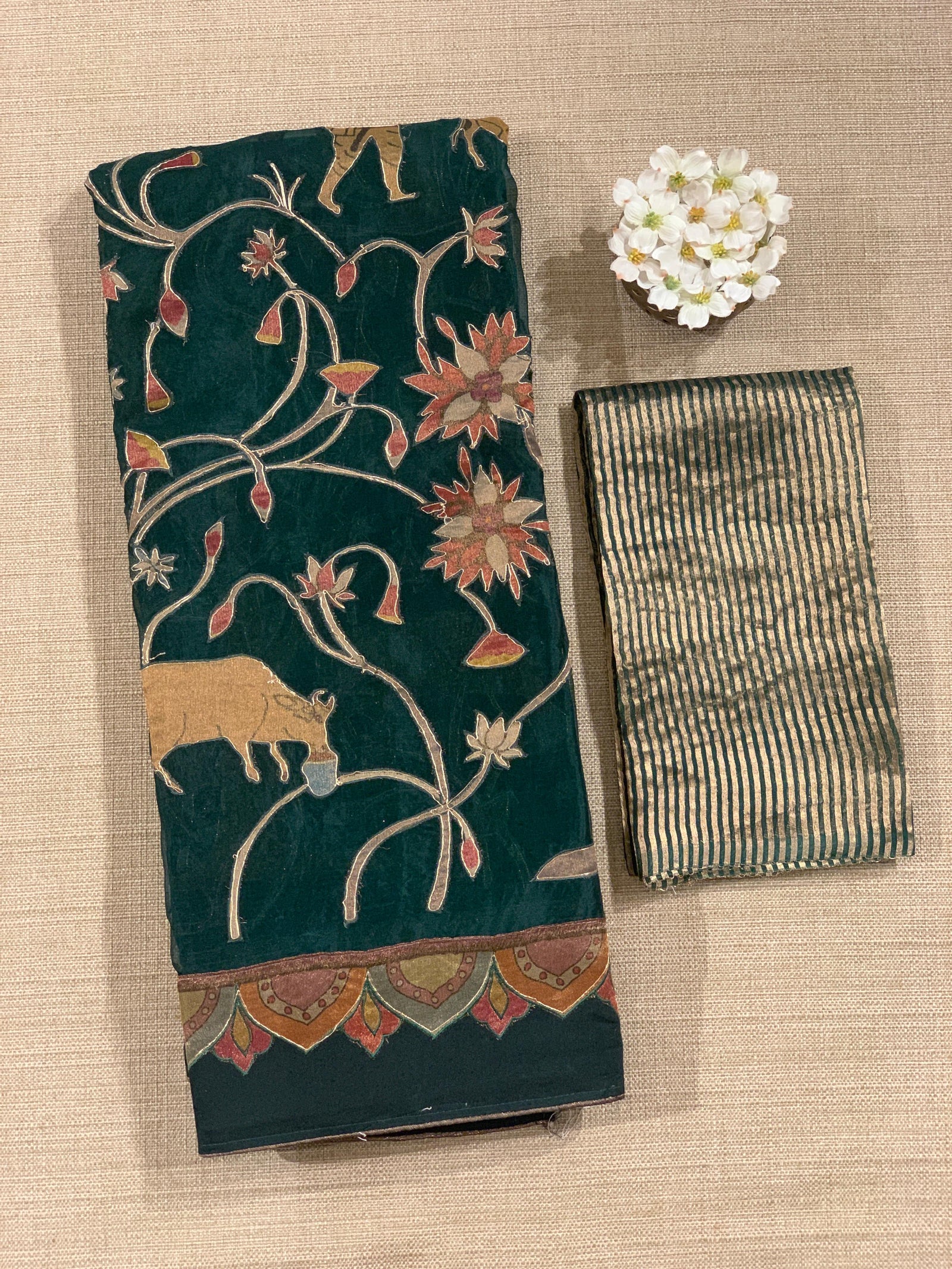 Bottle Green Designer Organza Saree with Stunning Tissue Applique work Saree with village theme