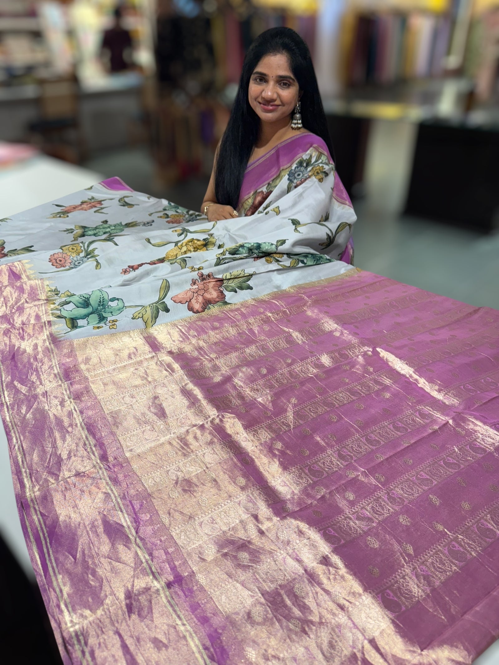 Silverish Grey Kanjeevaram Designer print saree