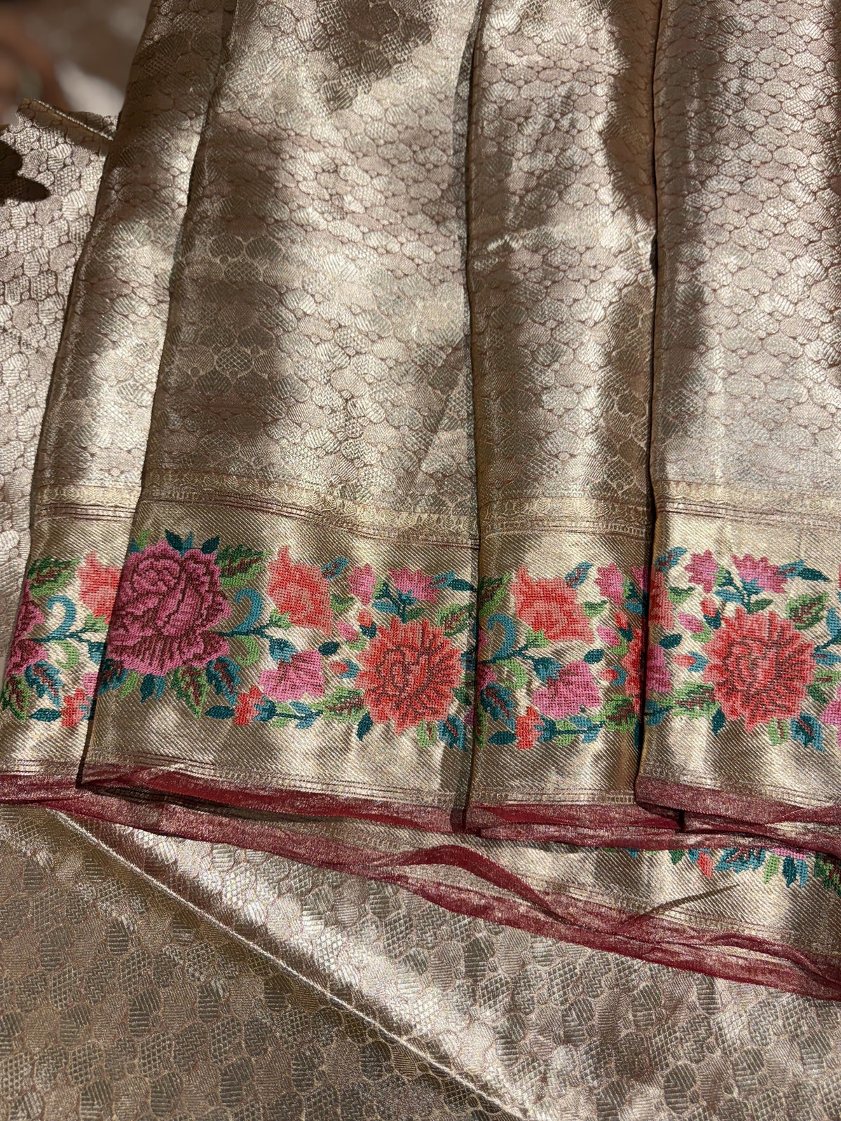 Meroon Red Base Banarasi Tissue Brocade Saree with Petite Point Embroidered Border