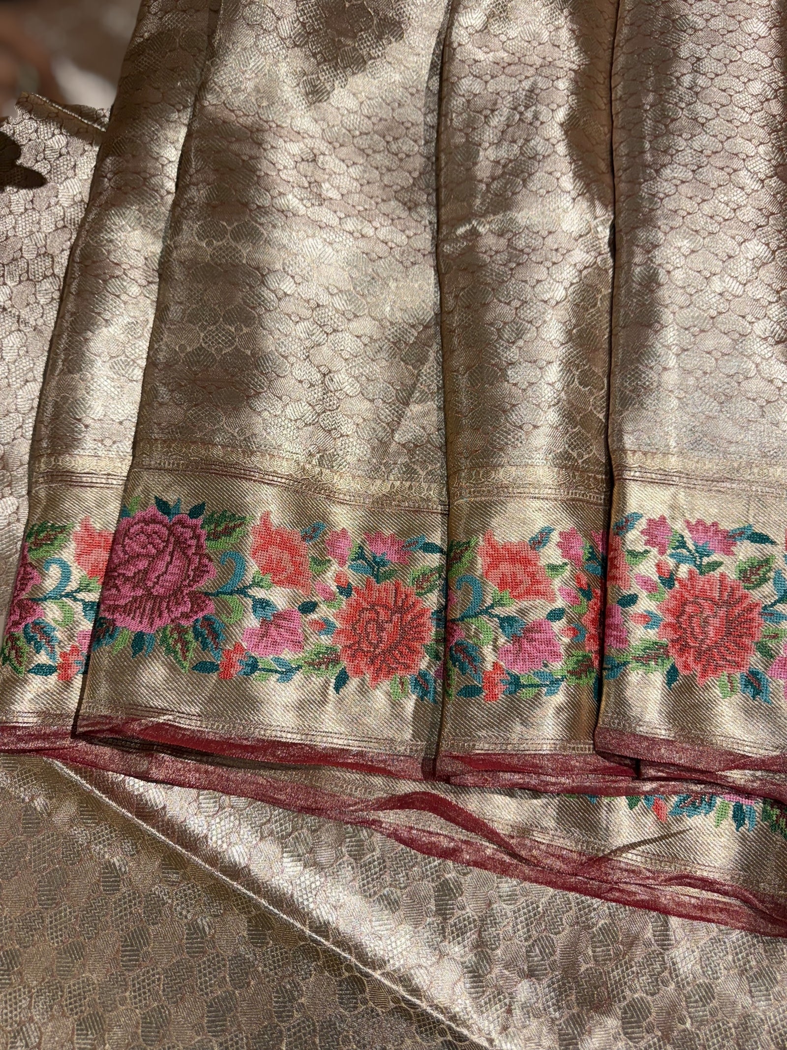 Meroon Red Base Banarasi Tissue Brocade Saree with Petite Point Embroidered Border