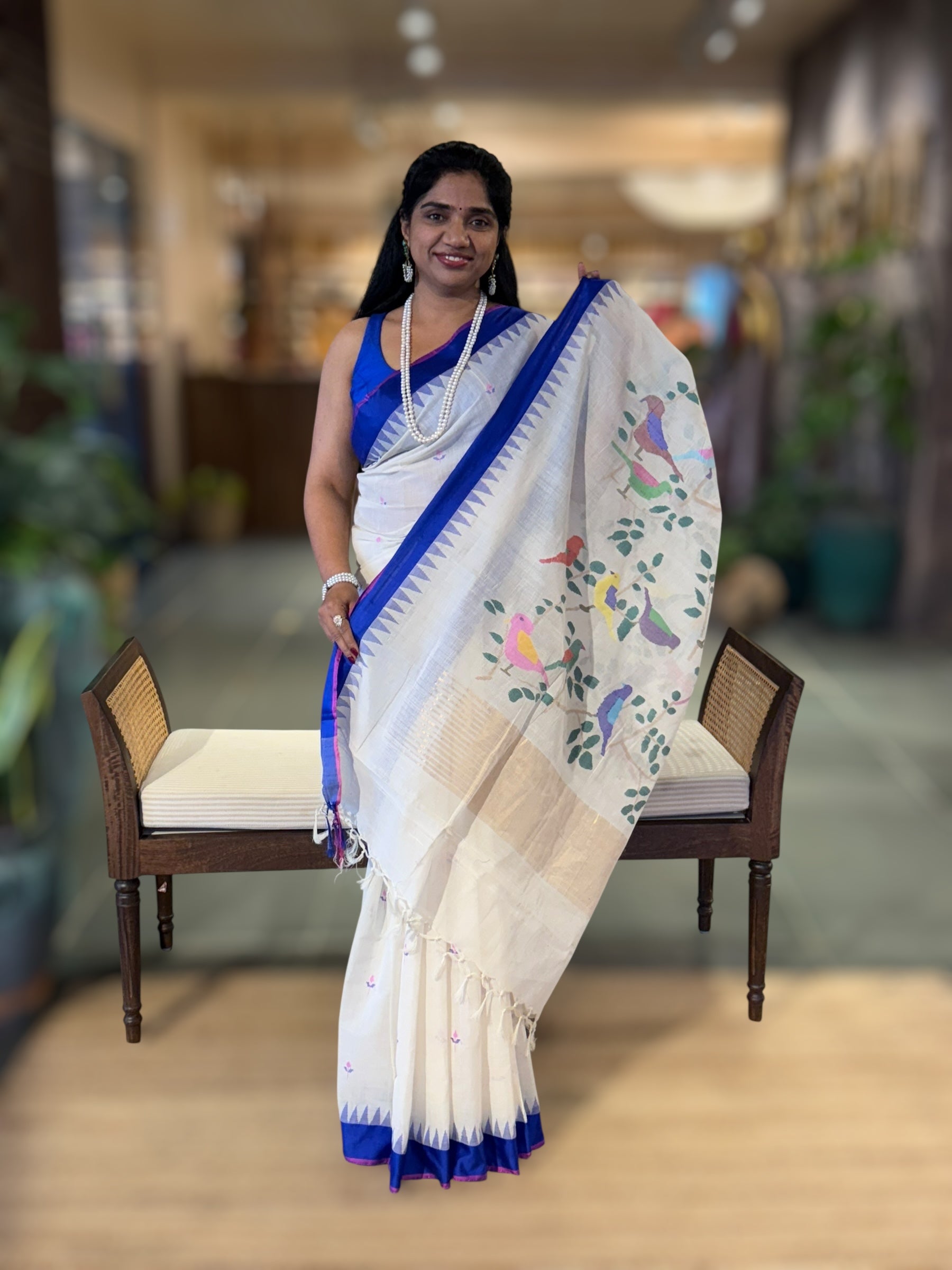 Ivory Ponduru Khadi Saree with Royal Blue Temple Border & Jamdani Bird Pallu