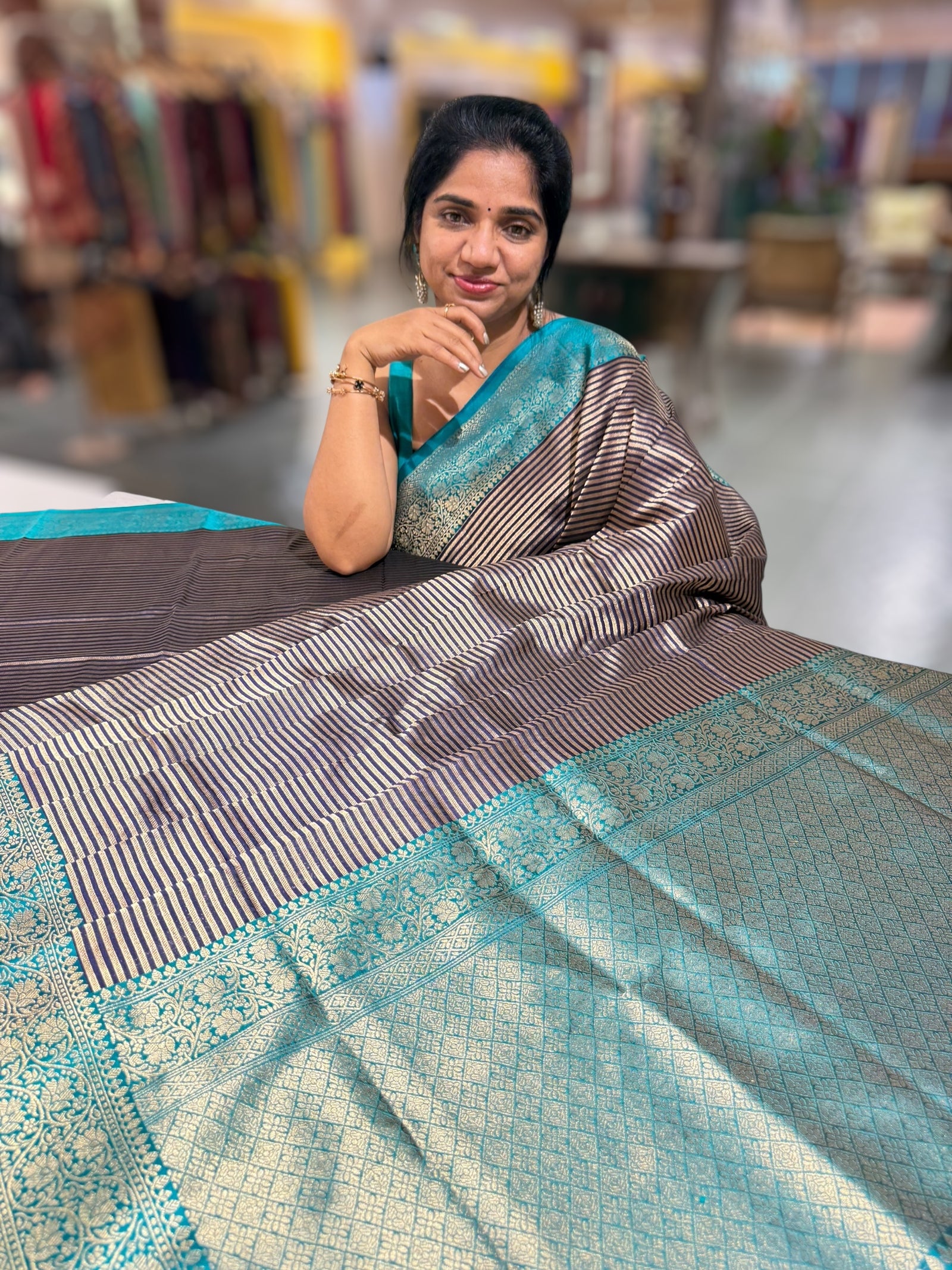Navy Blue Banarasi Silk Stripes Saree
