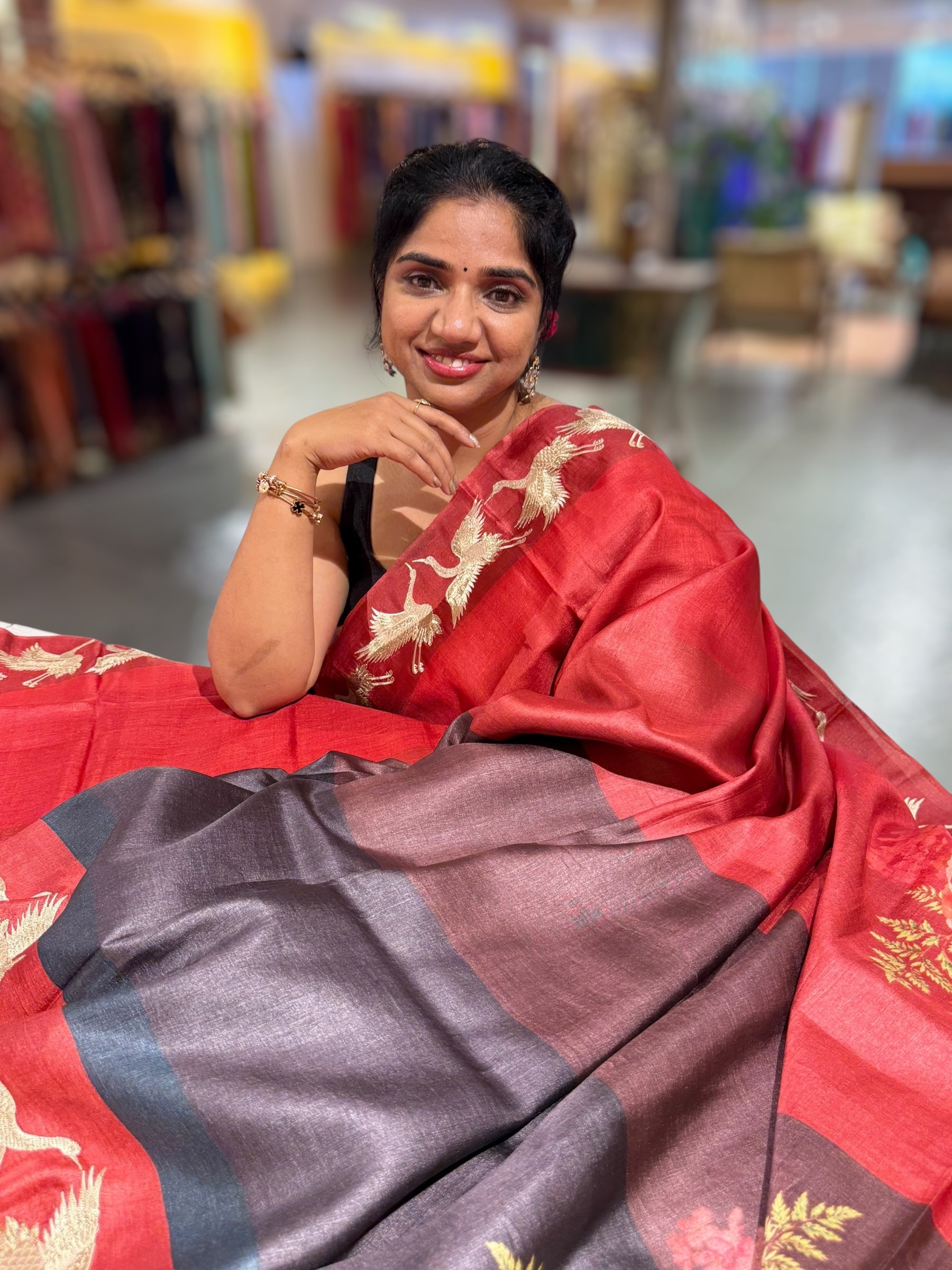 Tussar Rangkaat Saree With Crane Bird  Embroidered Border