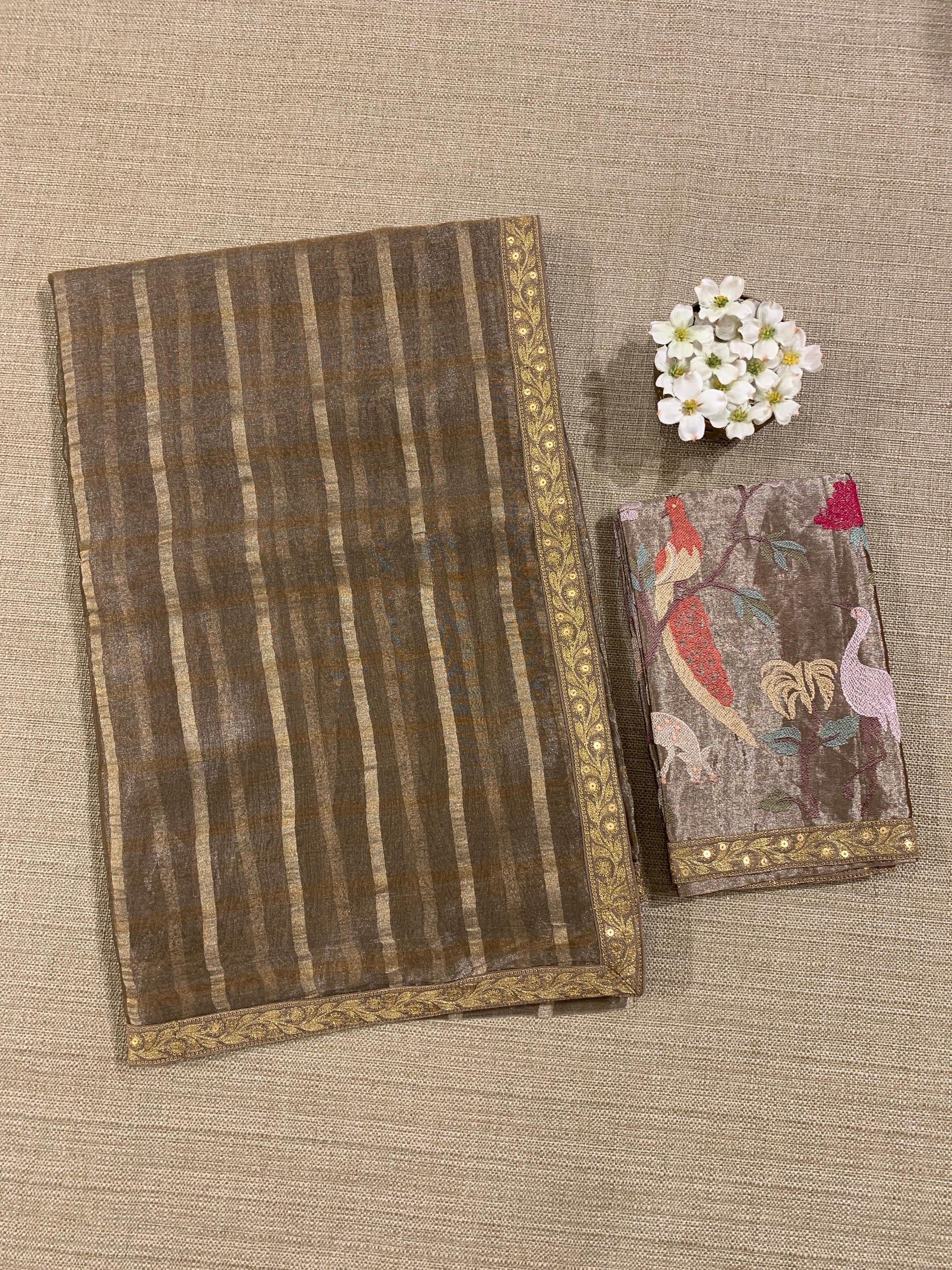 Antique Brown Banarasi Tissue checks Saree with Sabyasachi Borders