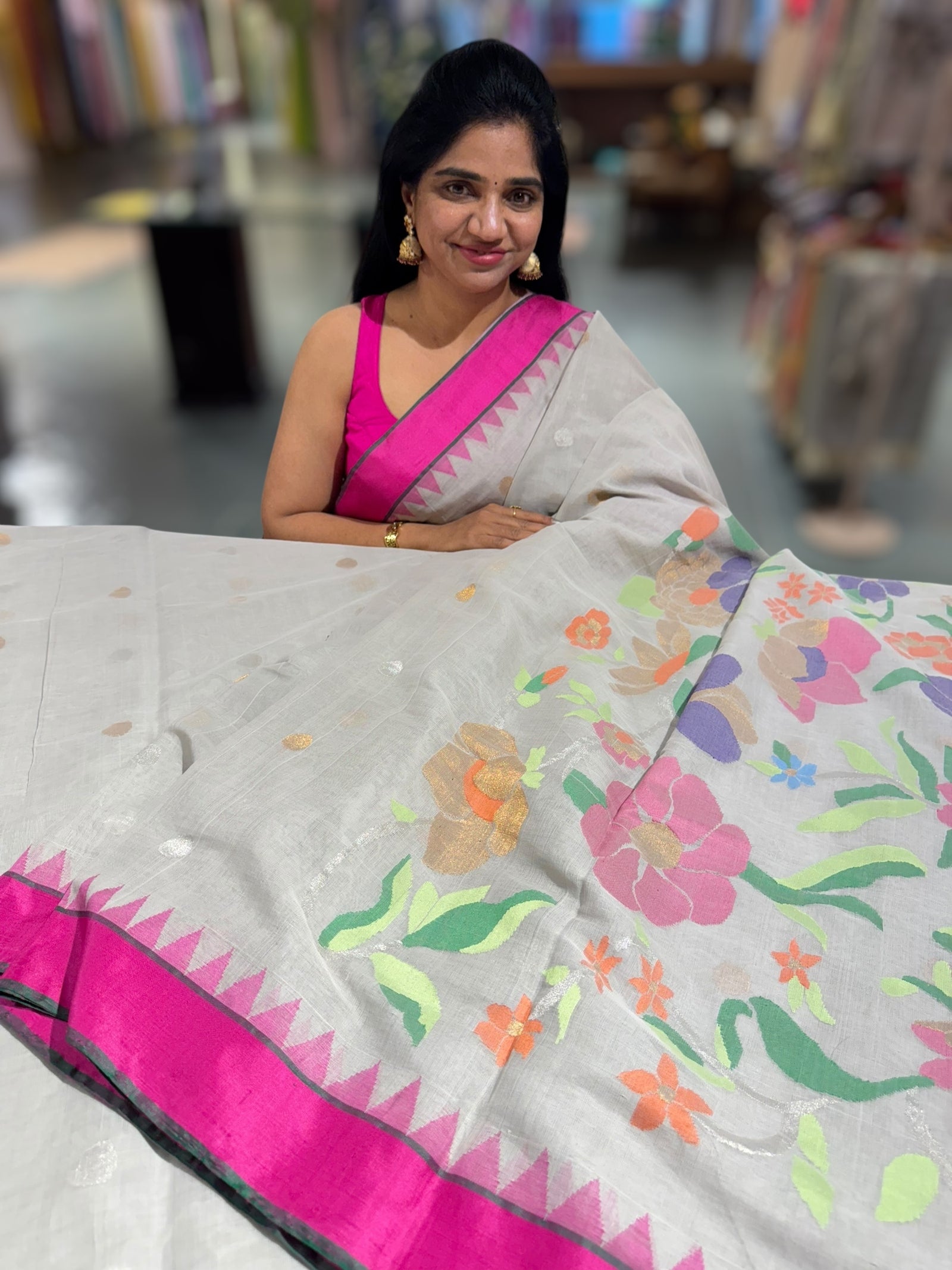 Lightest Grey pure handloom Ponduru Khadi jamdani Saree