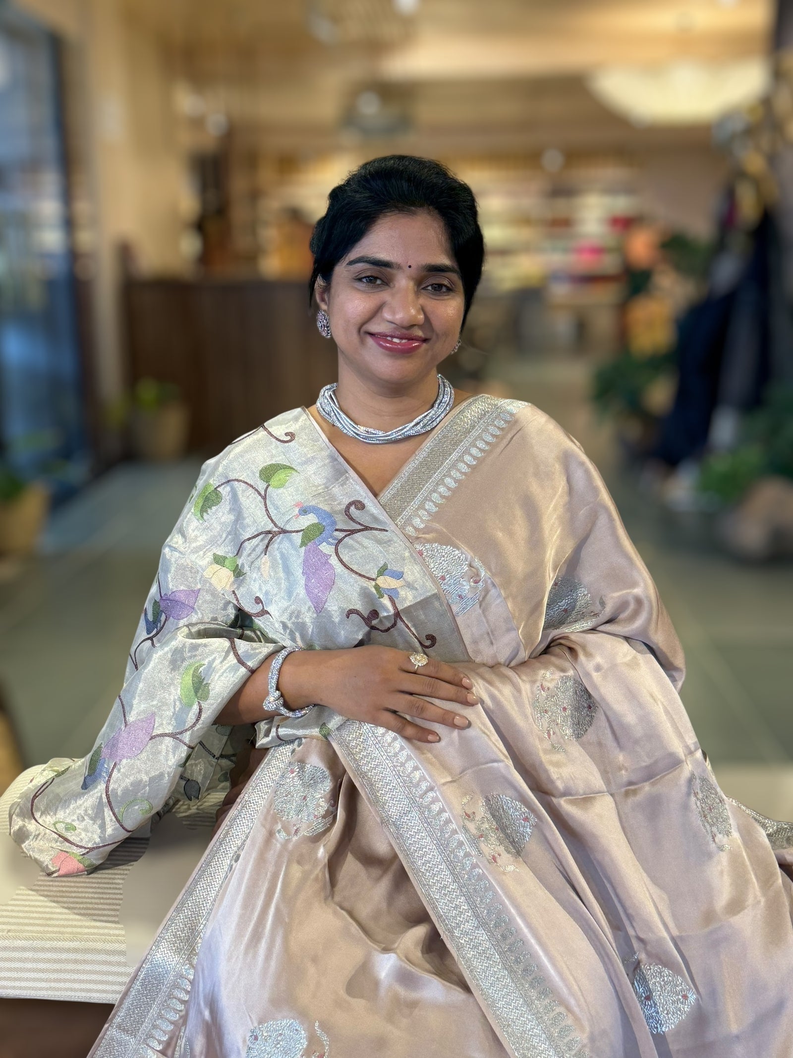 Nude Satin Saree with Embroidery.