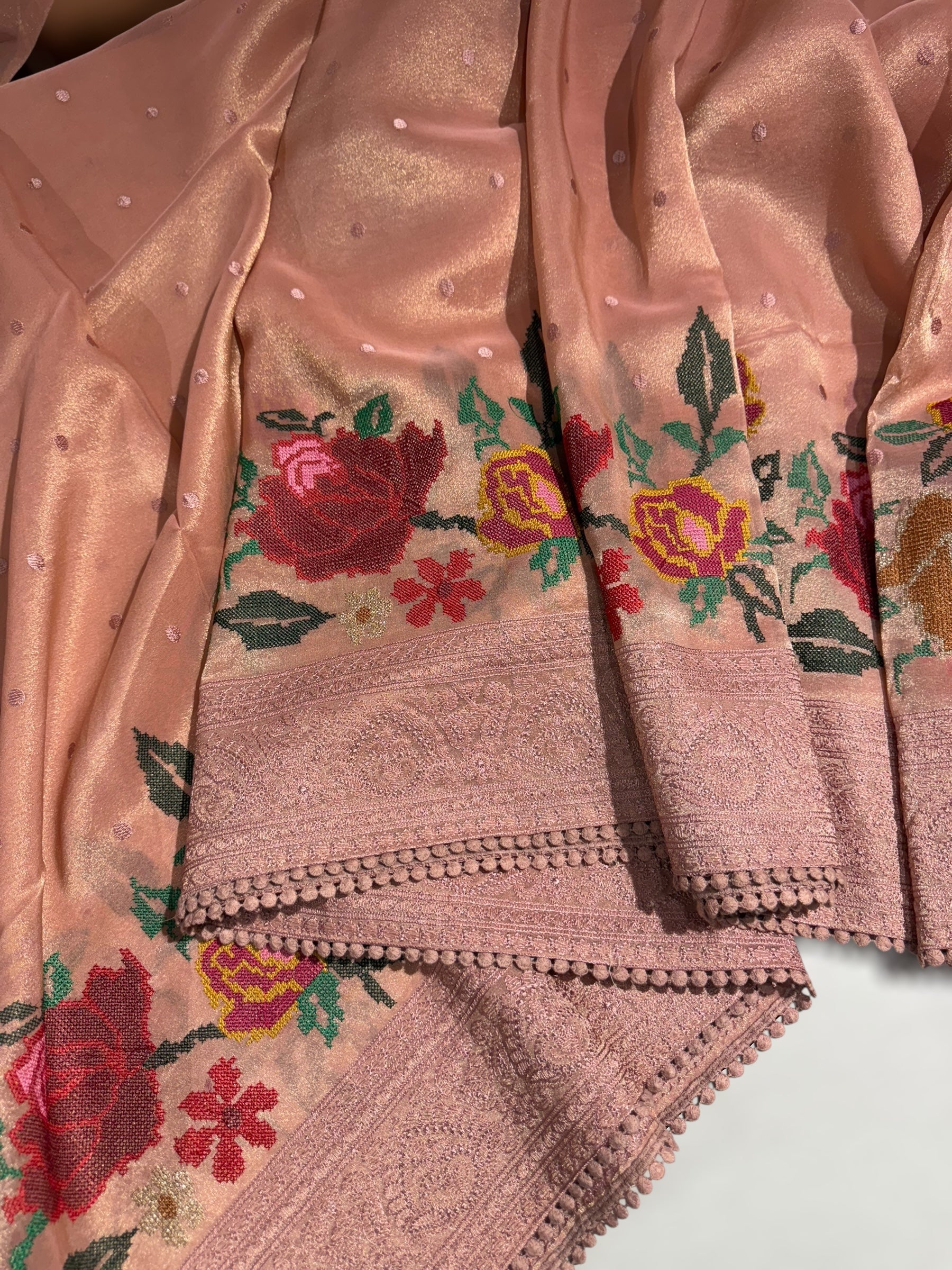 Dhaara : Peach Pink Tissue Gorgette Saree