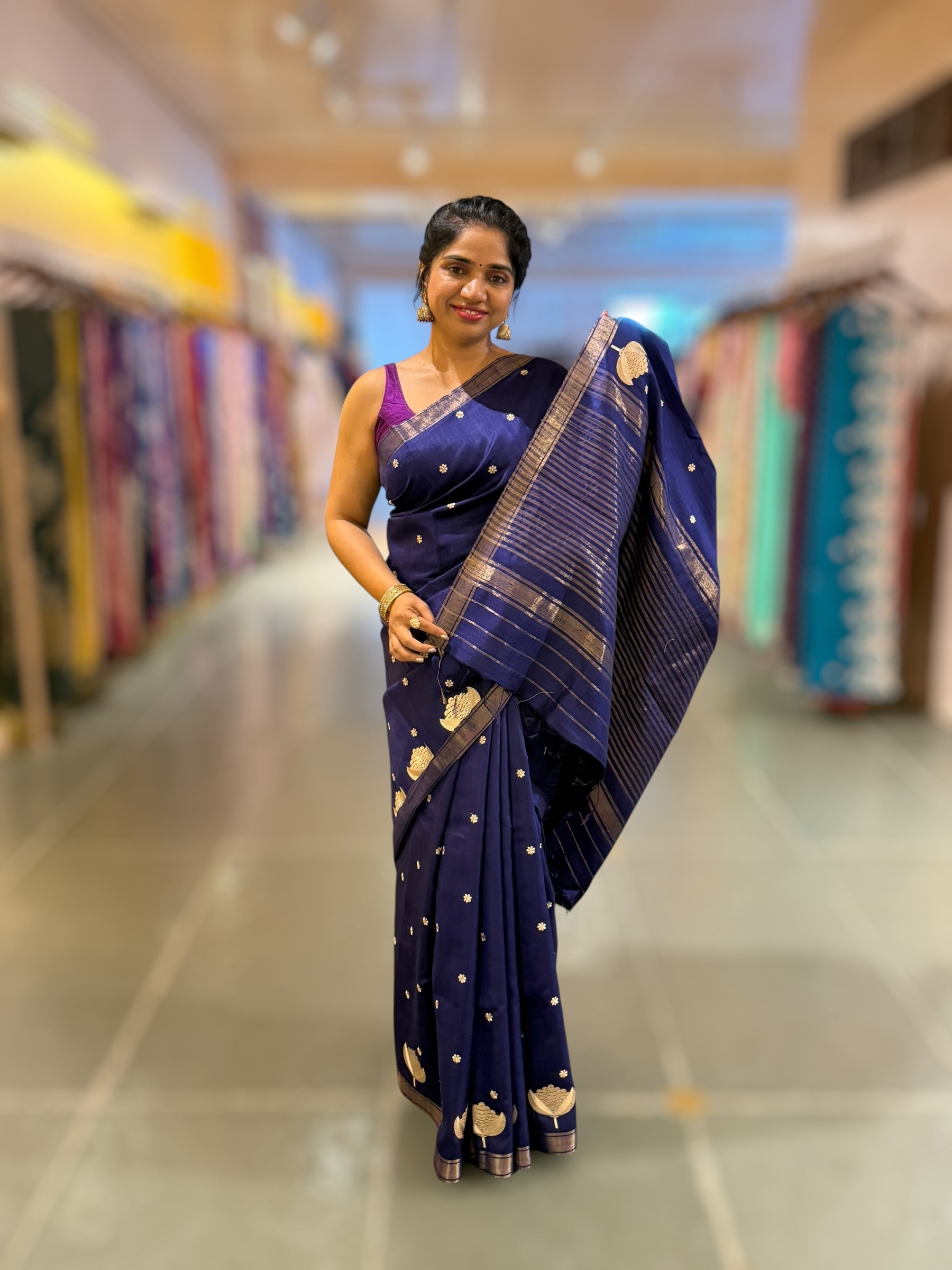 Navy Blue Pure Handloom Raw Silk Saree