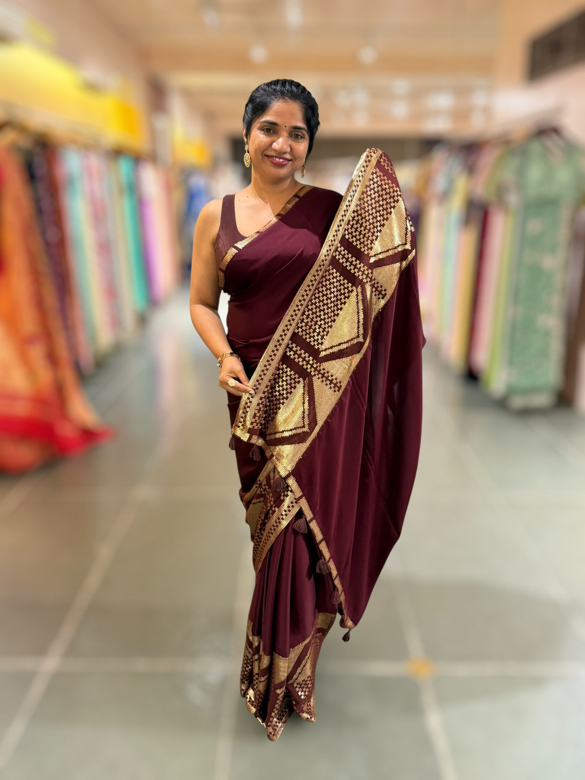 Burgundy Pure Satin Saree with designer sequence border and blouse