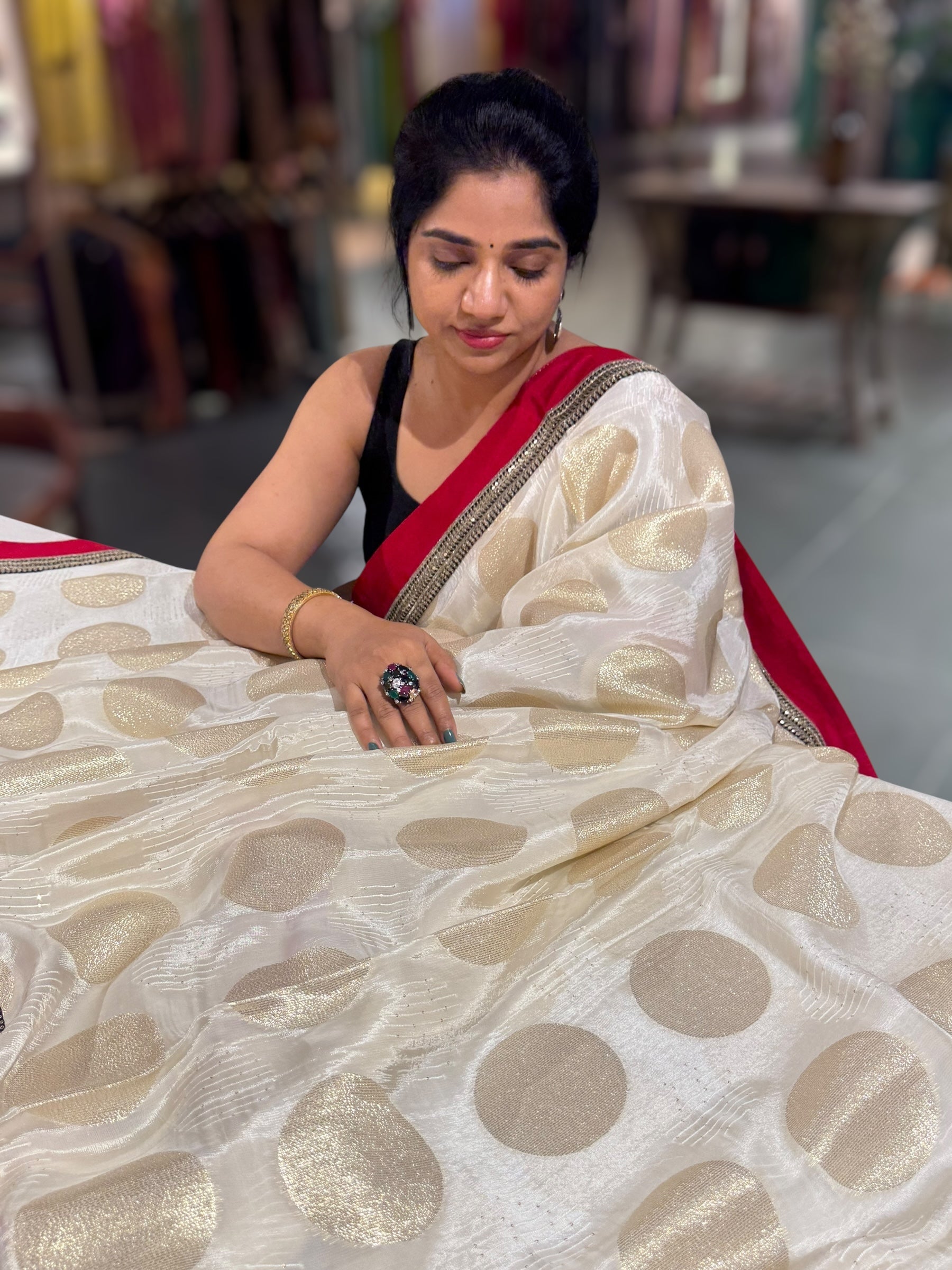Half white Crepe Silk Polka dot Saree with sabhyasachi Borders & Blouse