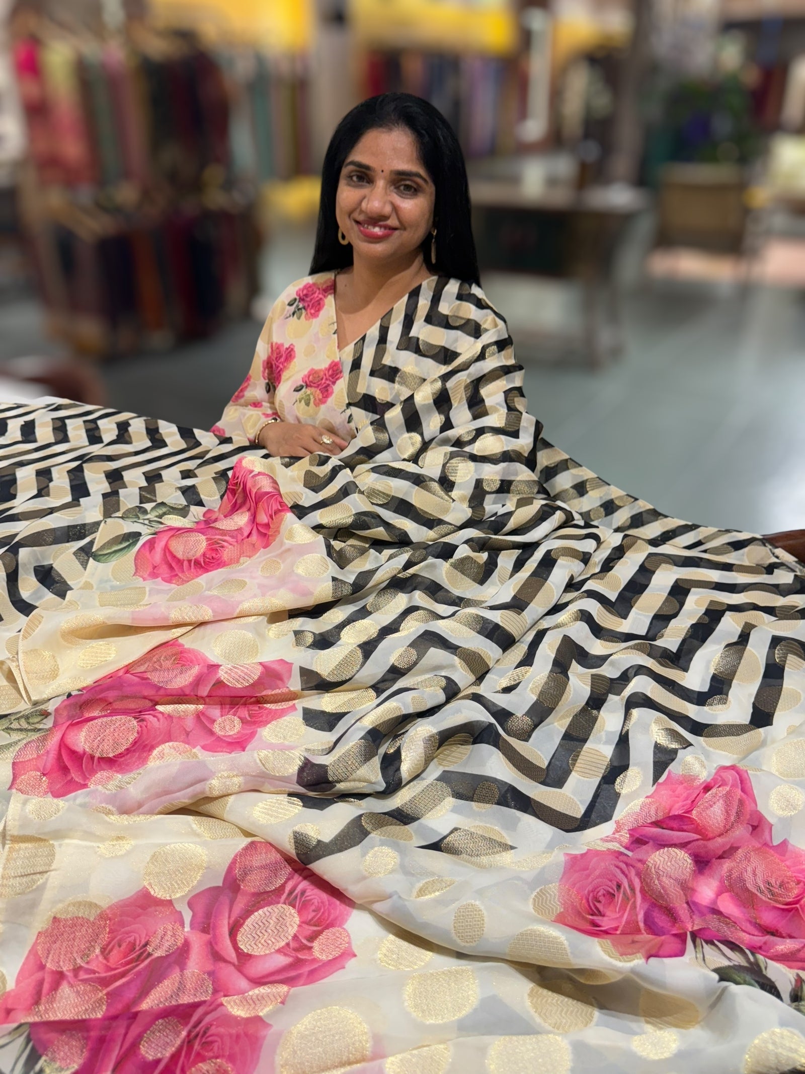 Black Zig Zag Banarasi Kora Gorgette Polka dot Printed Saree