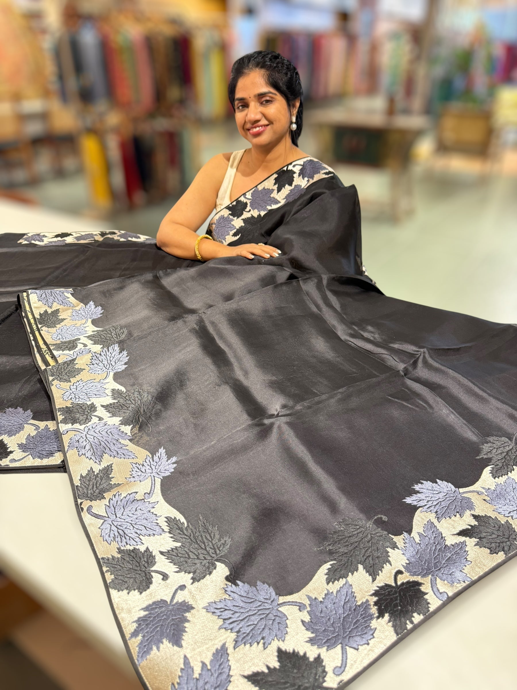 Black Organza Saree with Stunning Leaf Embroidered Border