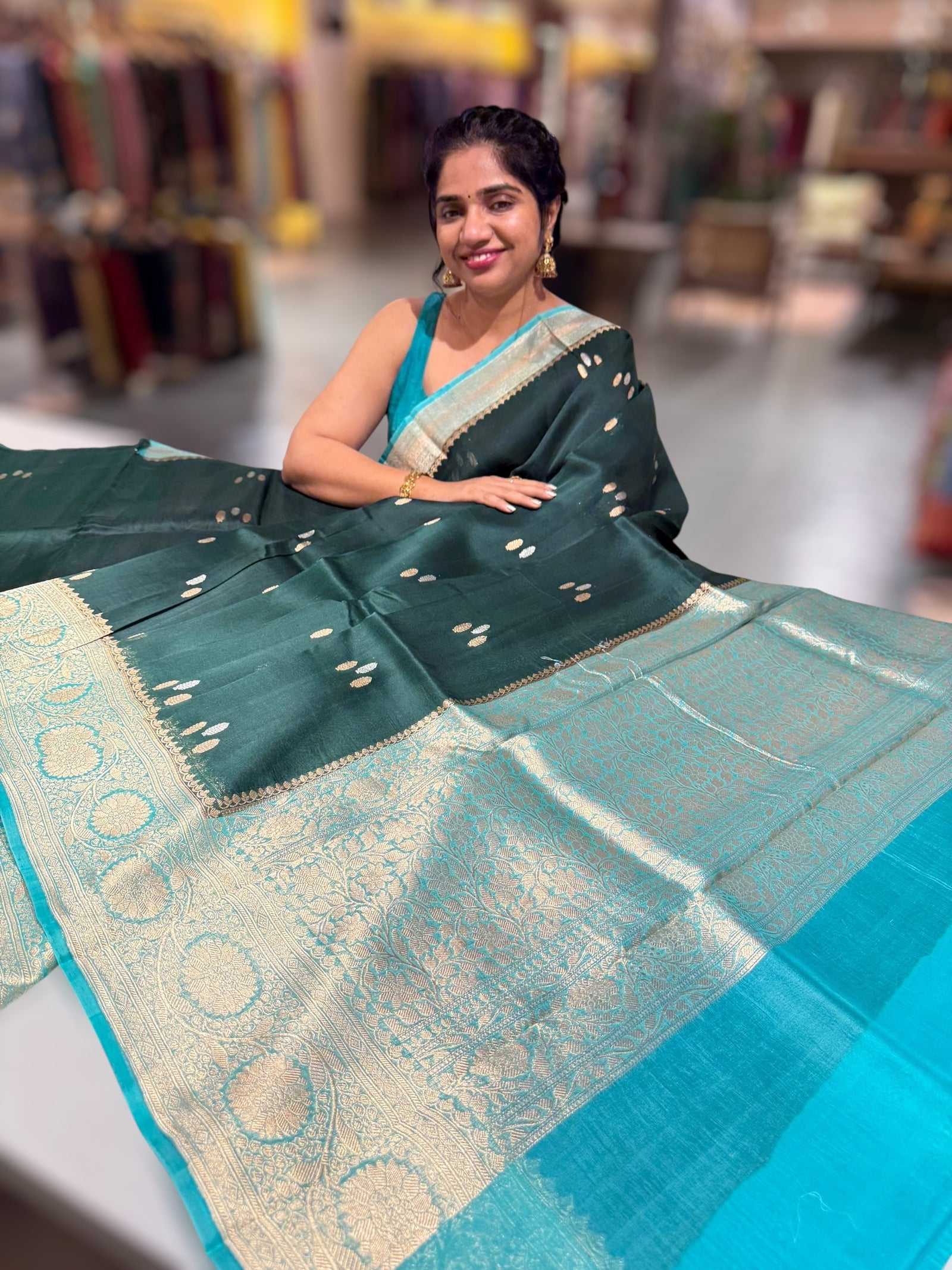 Forest Green & Teal Pure Handloom premium Kora Banarasi Saree