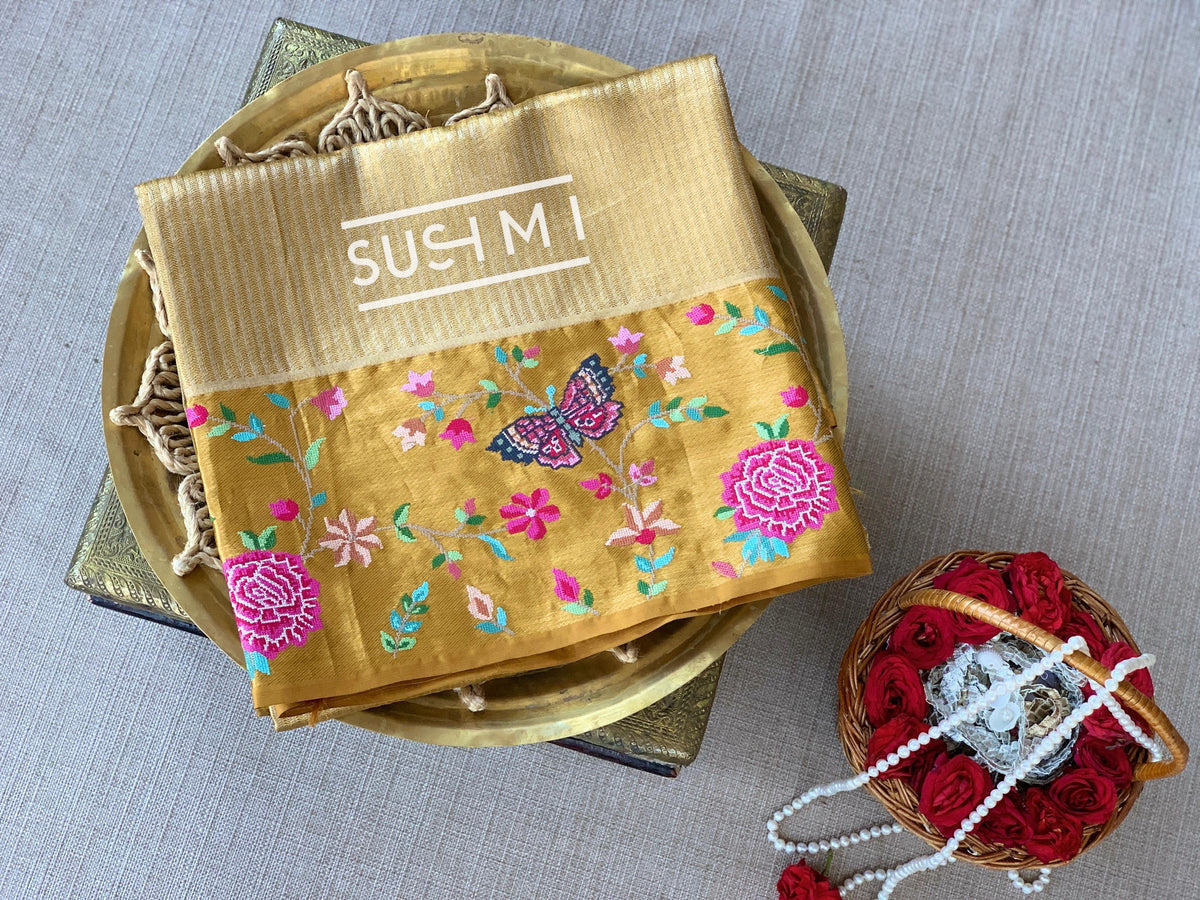 Gold Kanjeevaram Tissue Sareewith petite point embroidery : S62F085