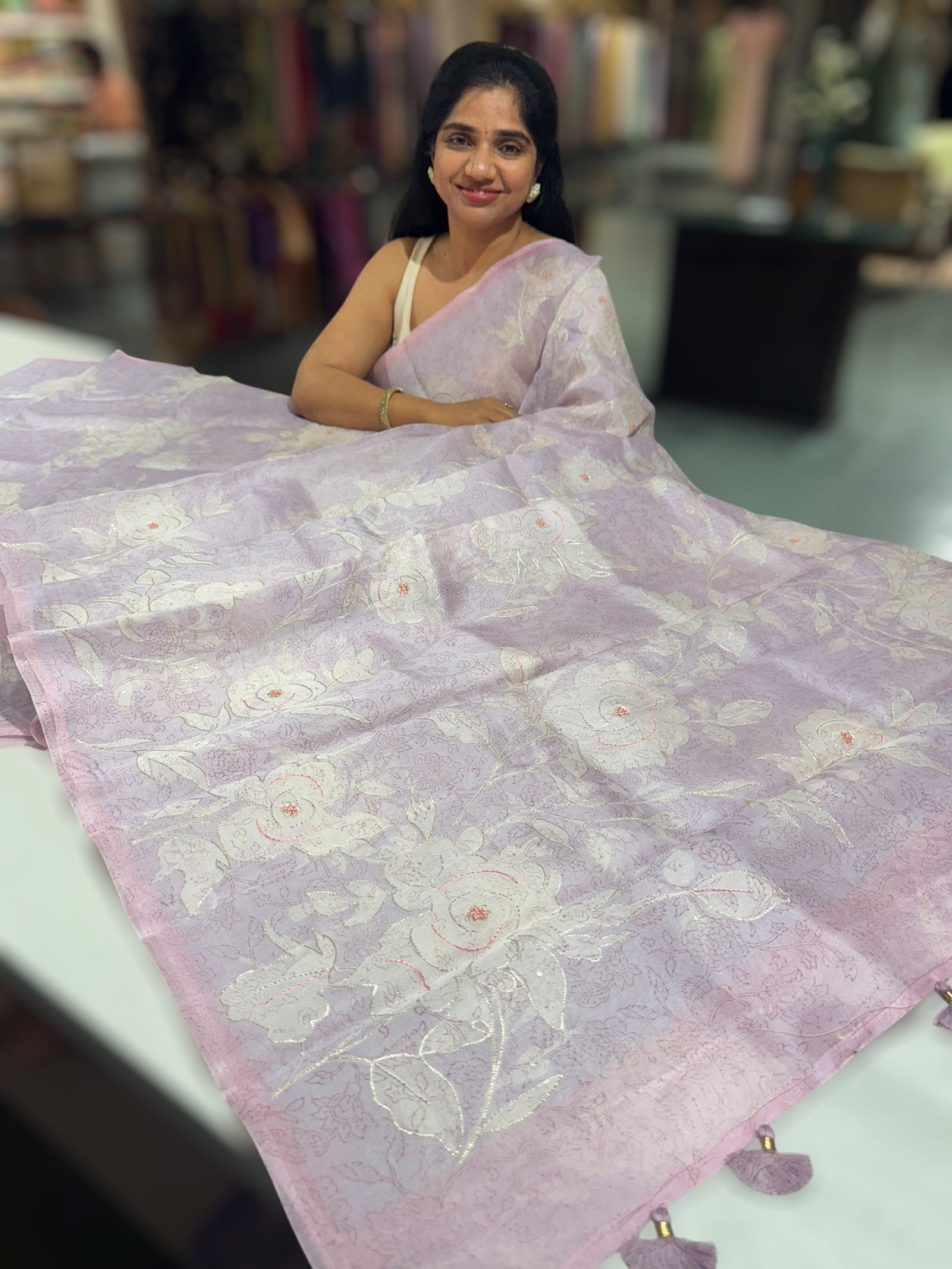 Lilac floral printed organza saree