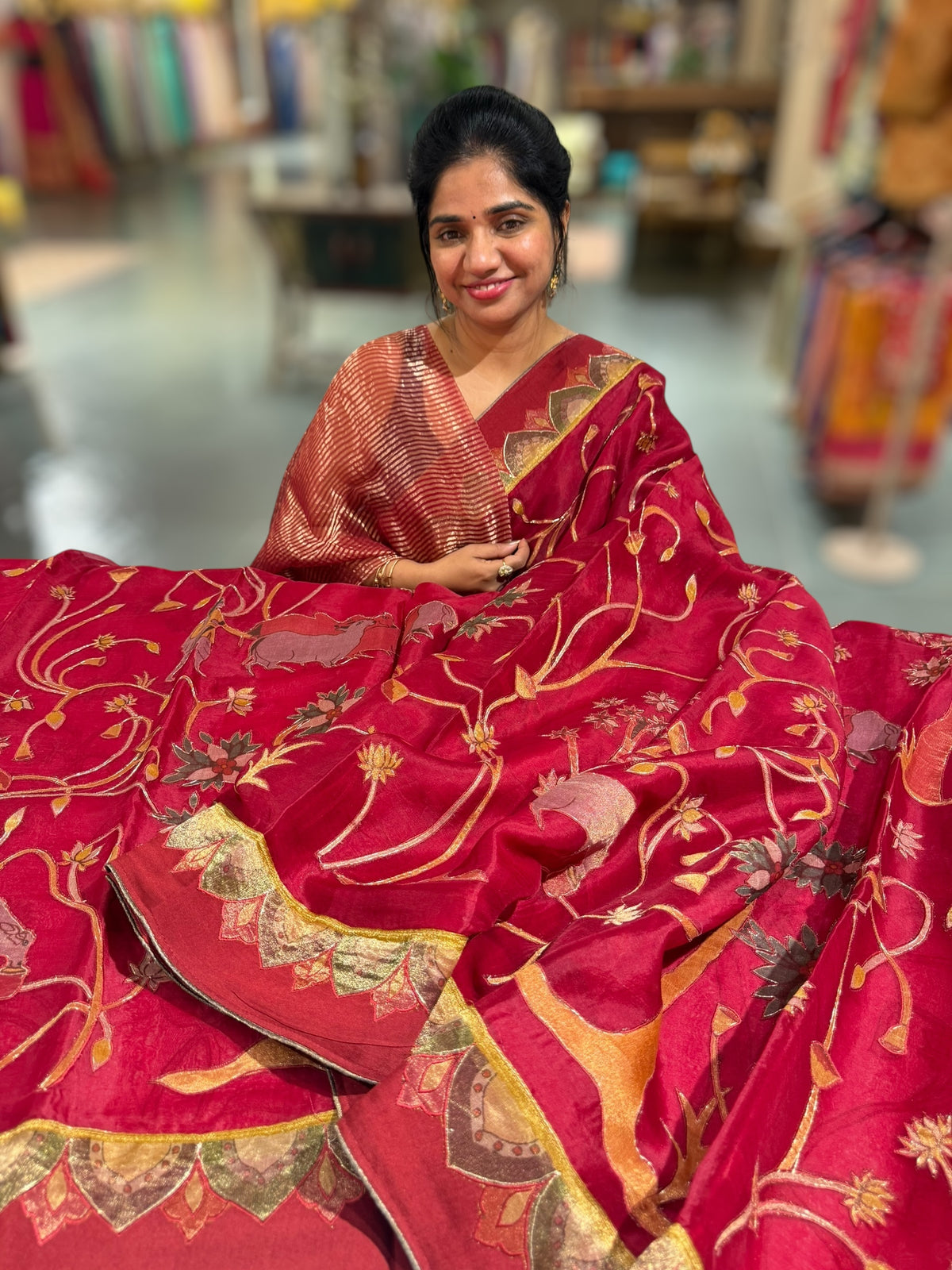 Dark Red Designer Organza Saree with Stunning Tissue Applique work Saree with Village theme