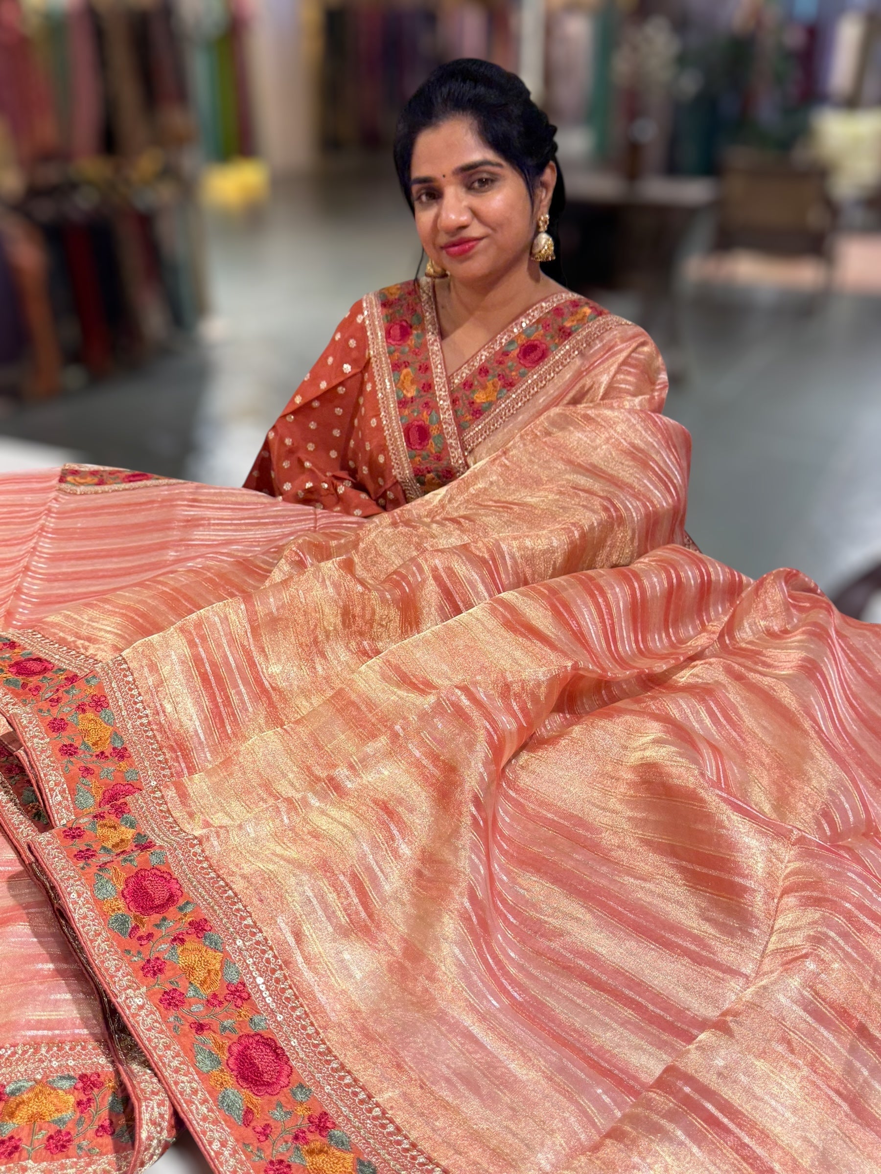 Peachish Rust Kora Tissue Stripes Saree with Sabhyasachi Style Embroidered Borders & Blouse